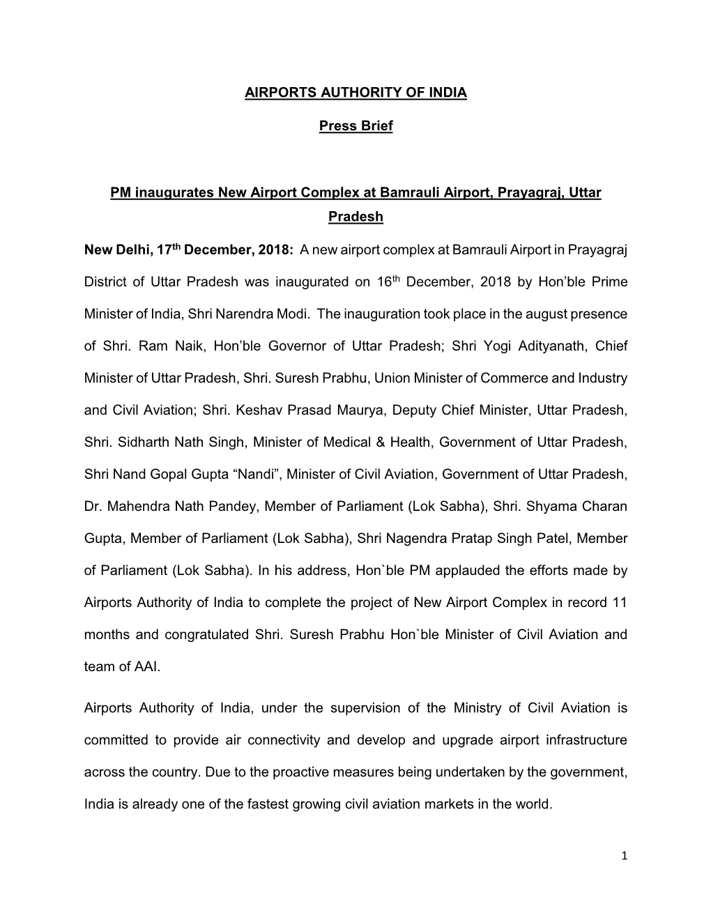 AIRPORTS AUTHORITY of INDIA Press Brief PM Inaugurates New