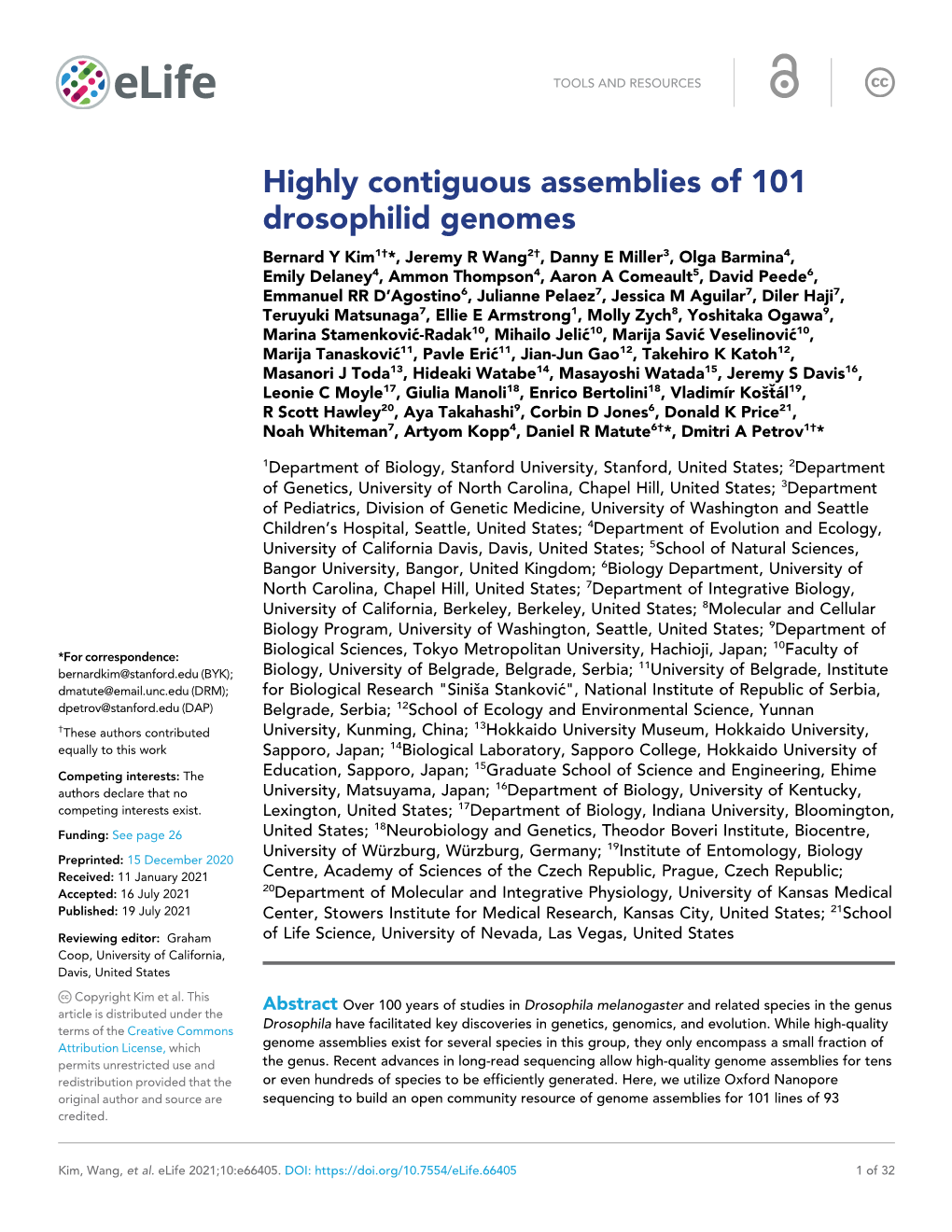 Highly Contiguous Assemblies of 101 Drosophilid Genomes