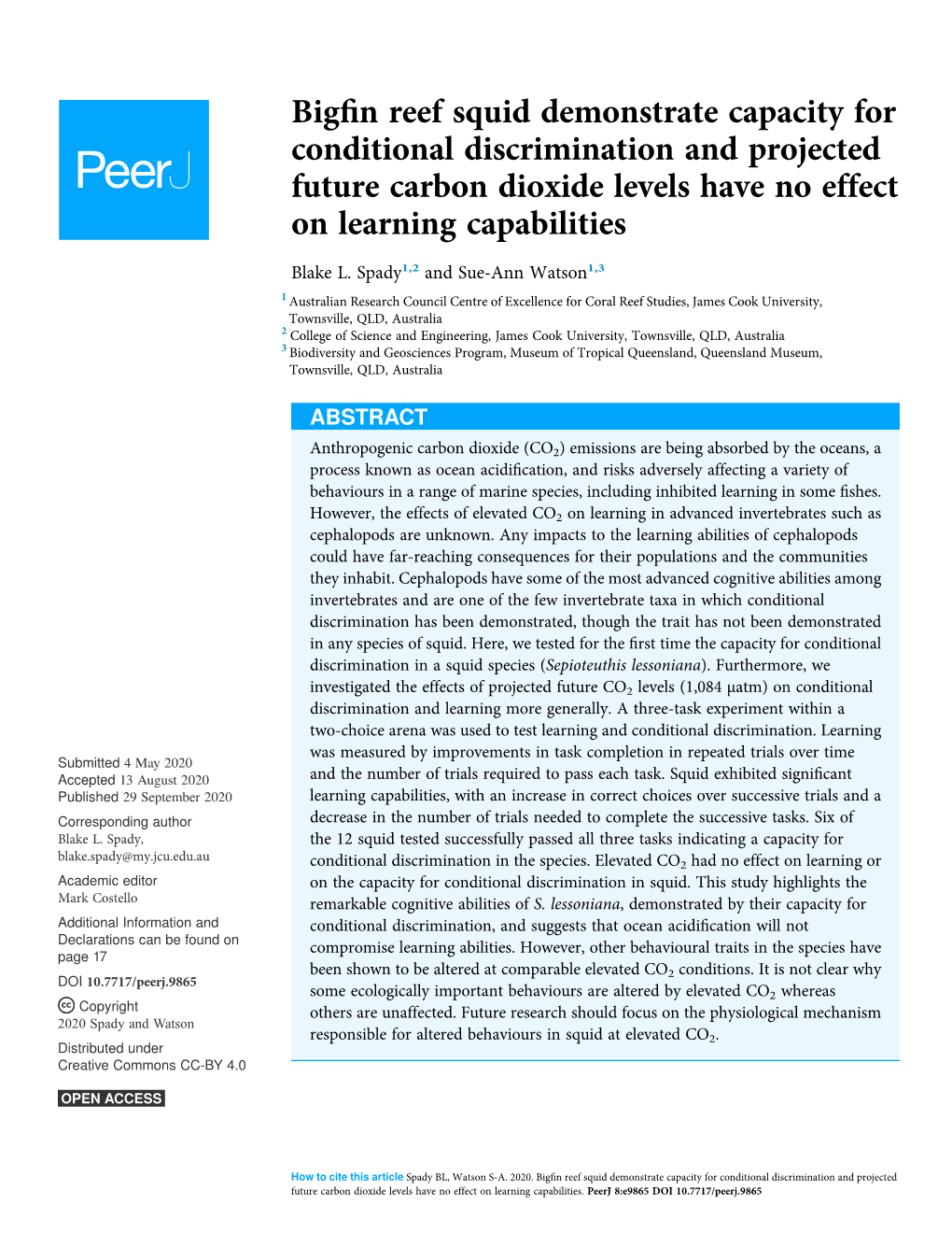 Bigfin Reef Squid Demonstrate Capacity for Conditional Discrimination and Projected Future Carbon Dioxide Levels Have No Effect