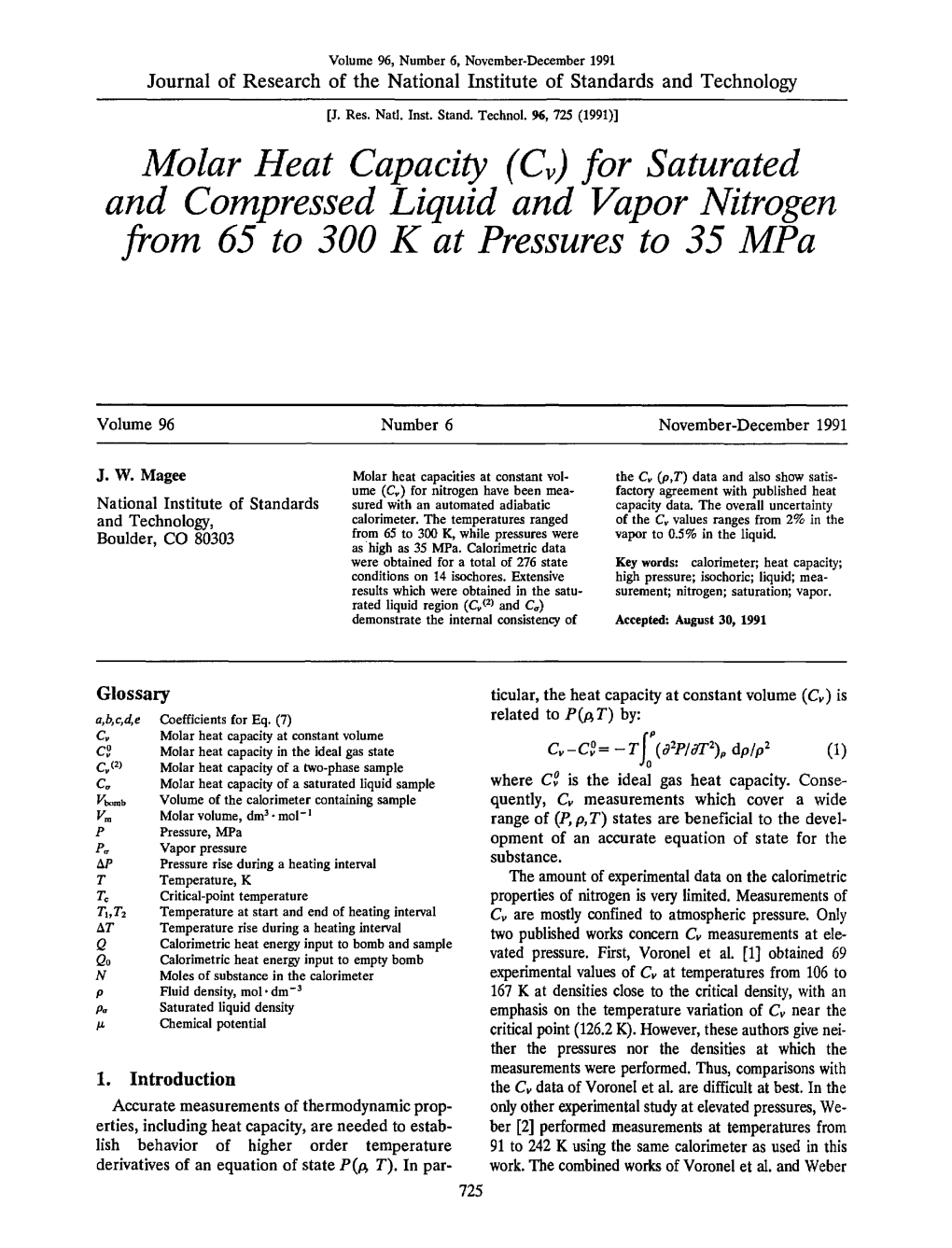 Molar Heat Capacity (Cv) for Saturated and Compressed Liquid and Vapor Nitrogen from 65 to 300 K at Pressures to 35 Mpa