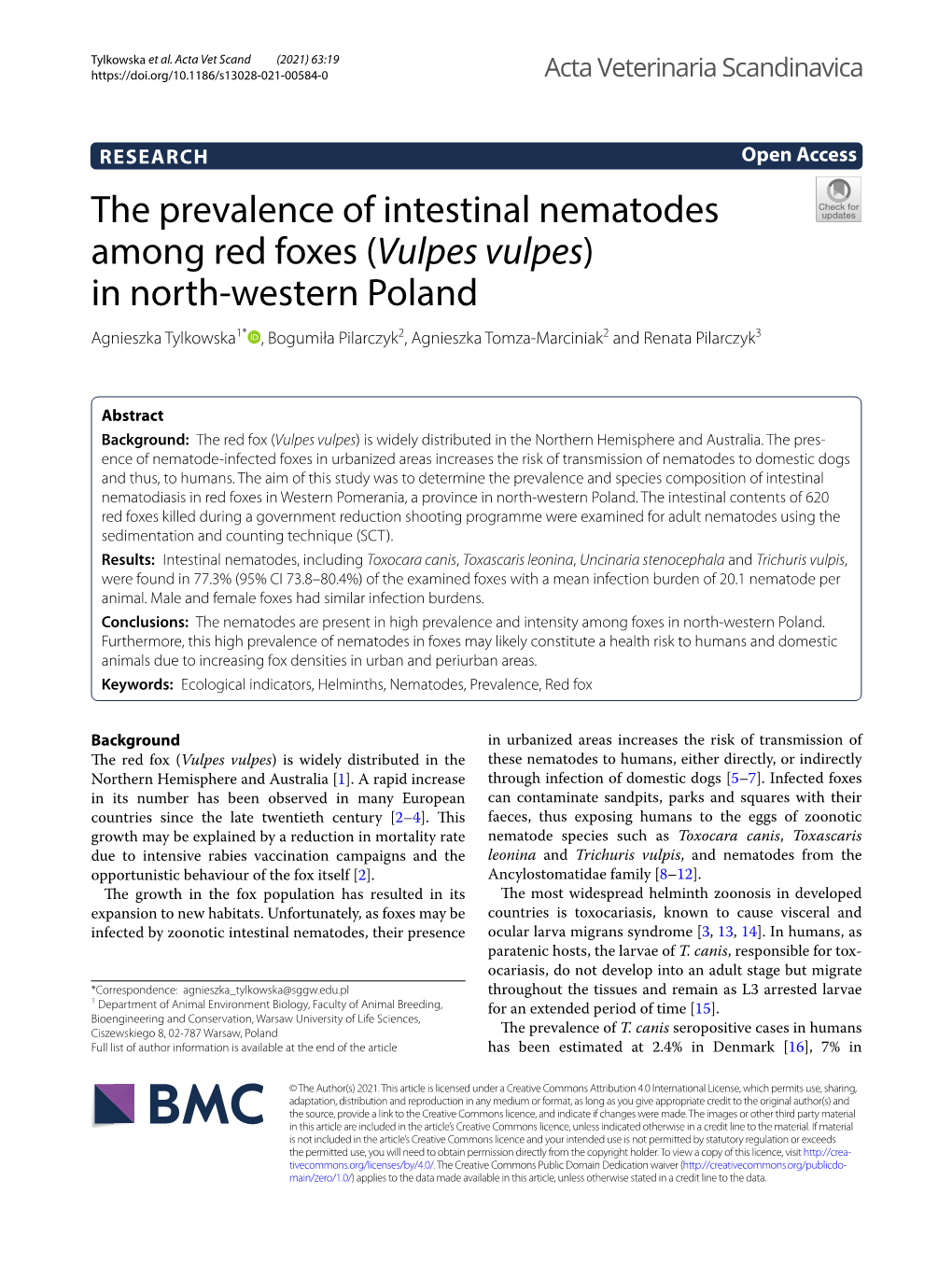 The Prevalence of Intestinal Nematodes Among Red Foxes