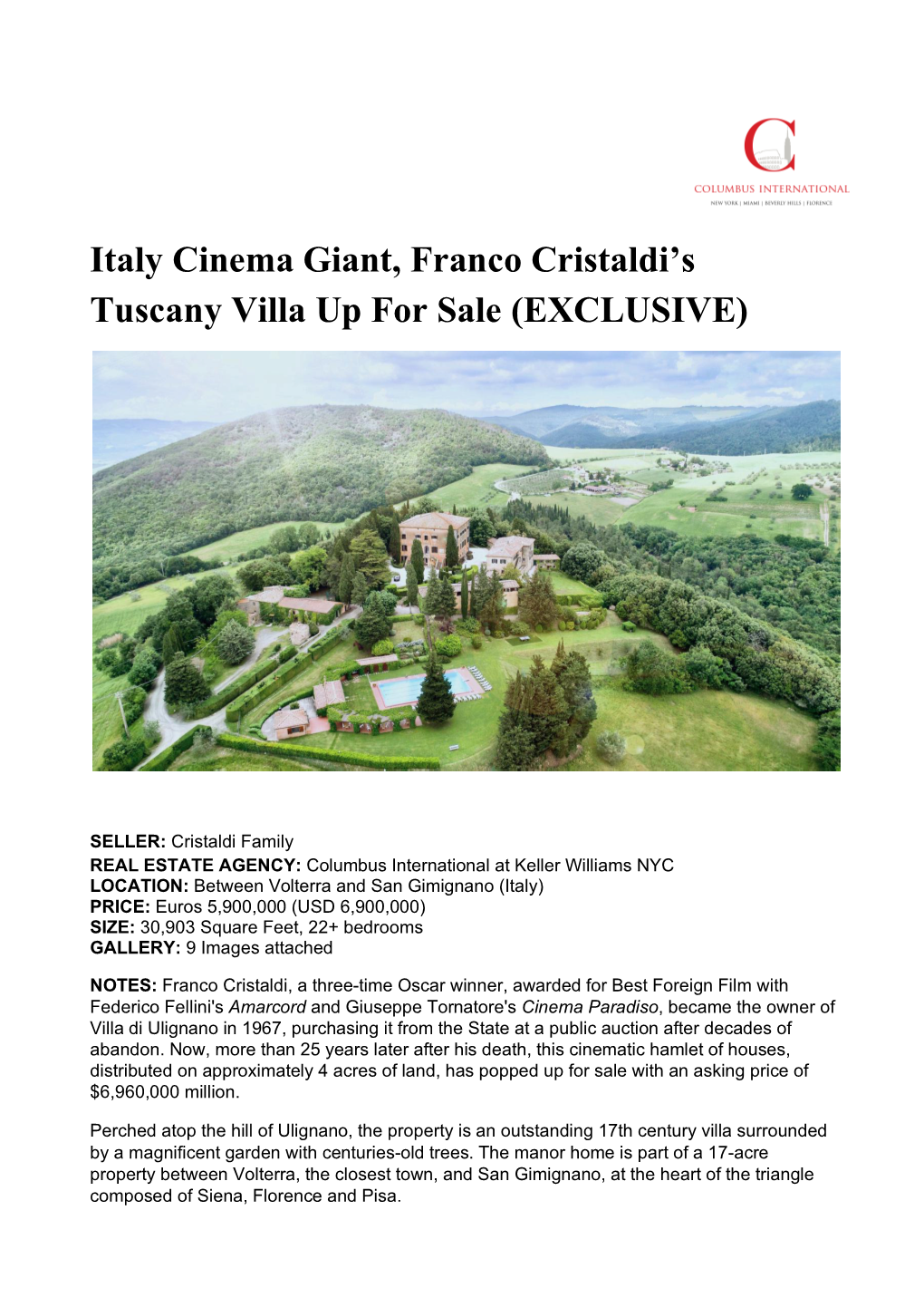 Italy Cinema Giant, Franco Cristaldi's Tuscany Villa up for Sale