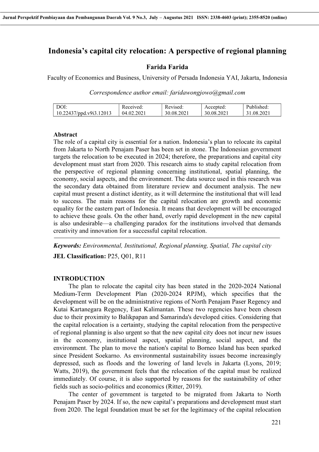 Indonesia's Capital City Relocation: a Perspective of Regional Planning