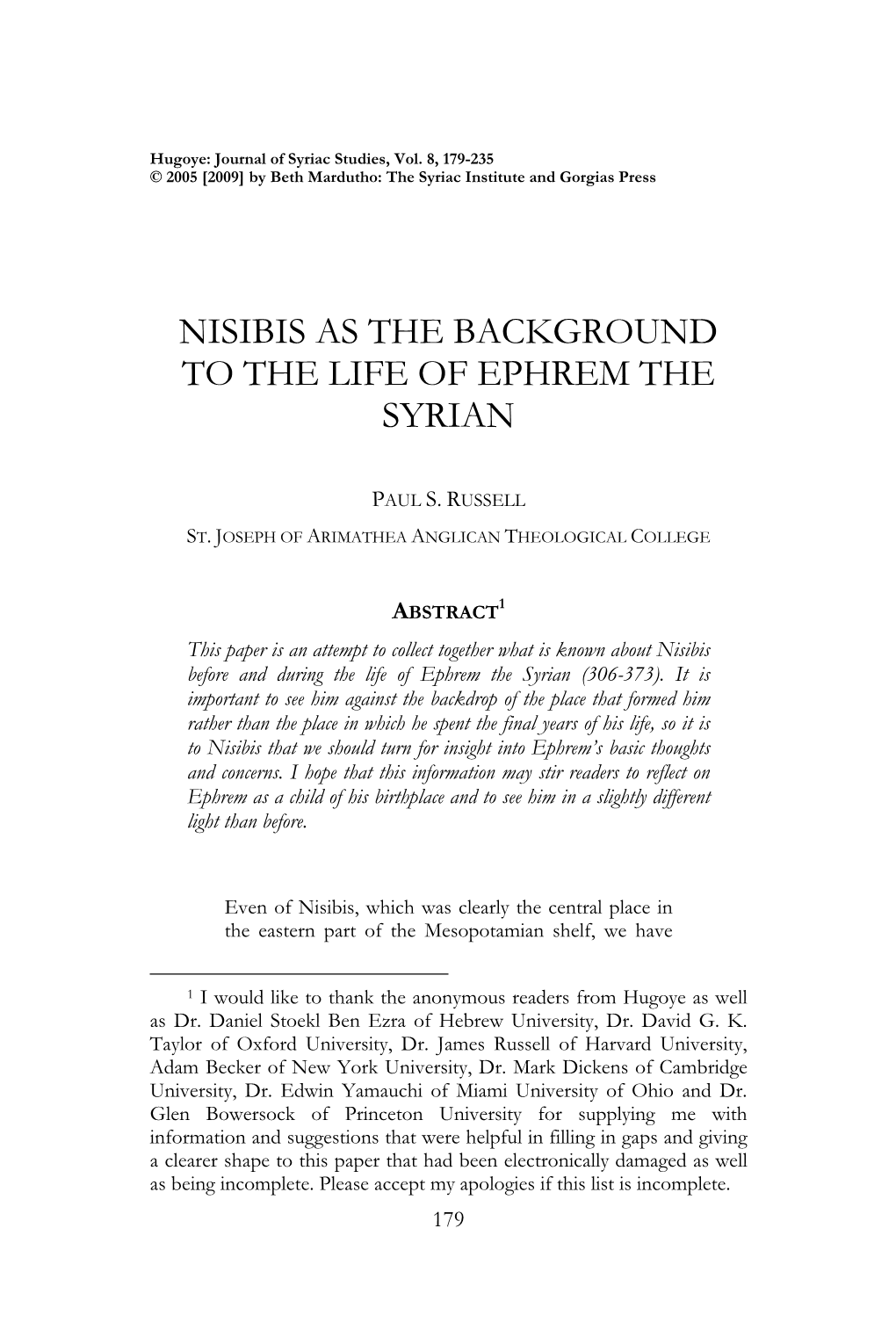 Nisibis As the Background to the Life of Ephrem the Syrian