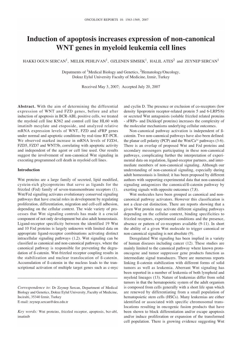 Induction of Apoptosis Increases Expression of Non-Canonical WNT Genes in Myeloid Leukemia Cell Lines