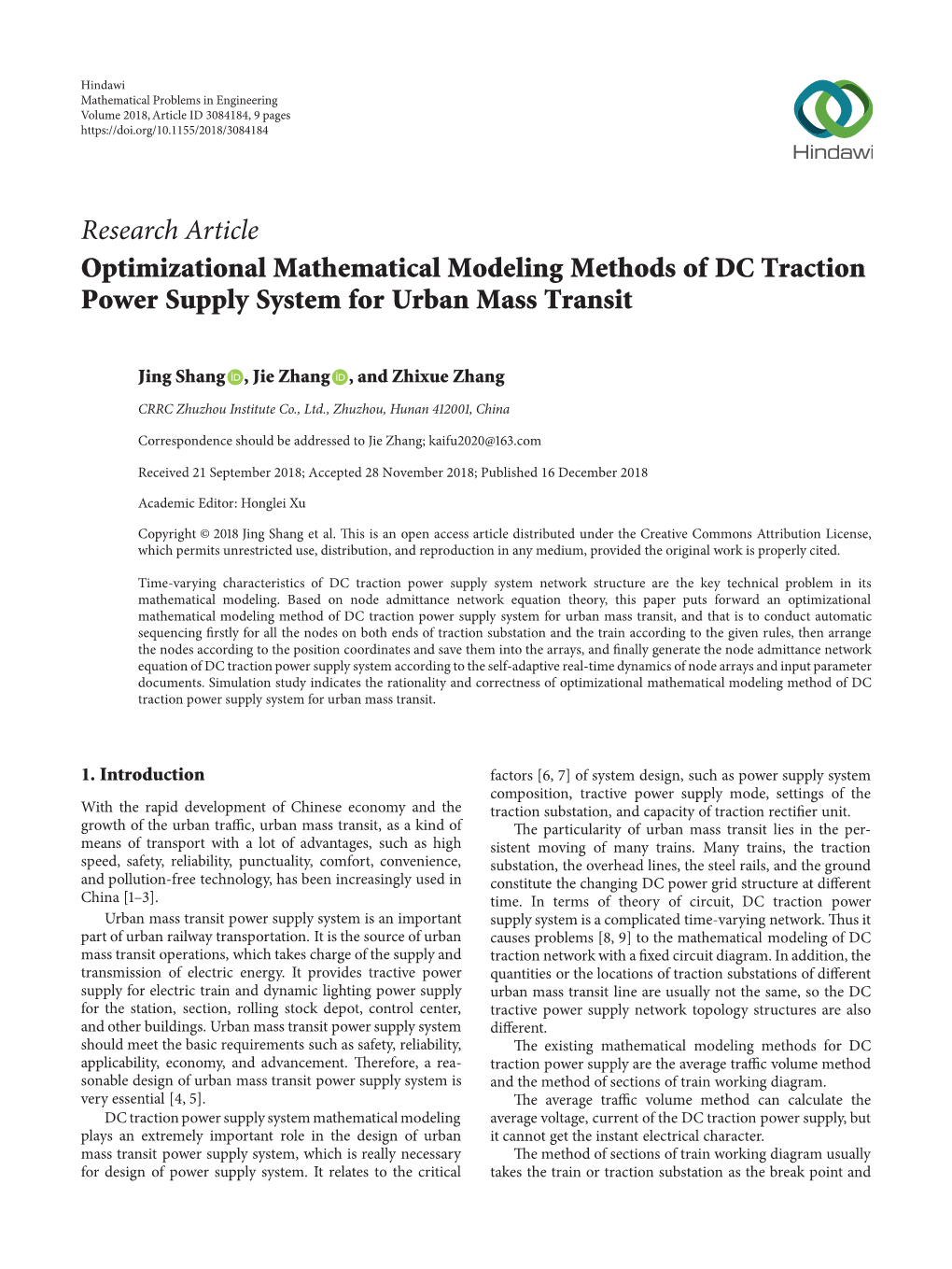 Research Article Optimizational Mathematical Modeling Methods of DC Traction Power Supply System for Urban Mass Transit