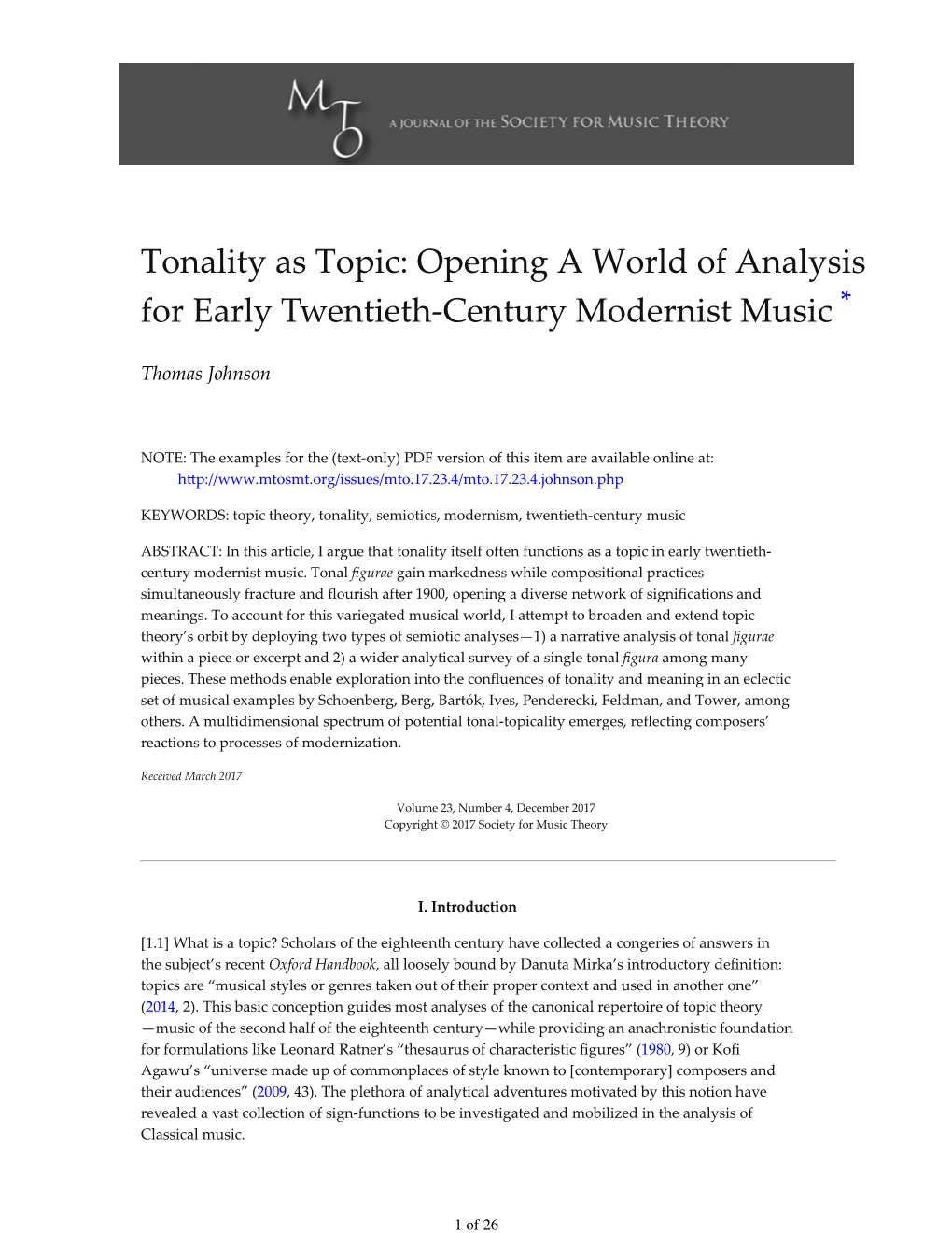 Tonality As Topic: Opening a World of Analysis for Early Twentieth-Century Modernist Music *