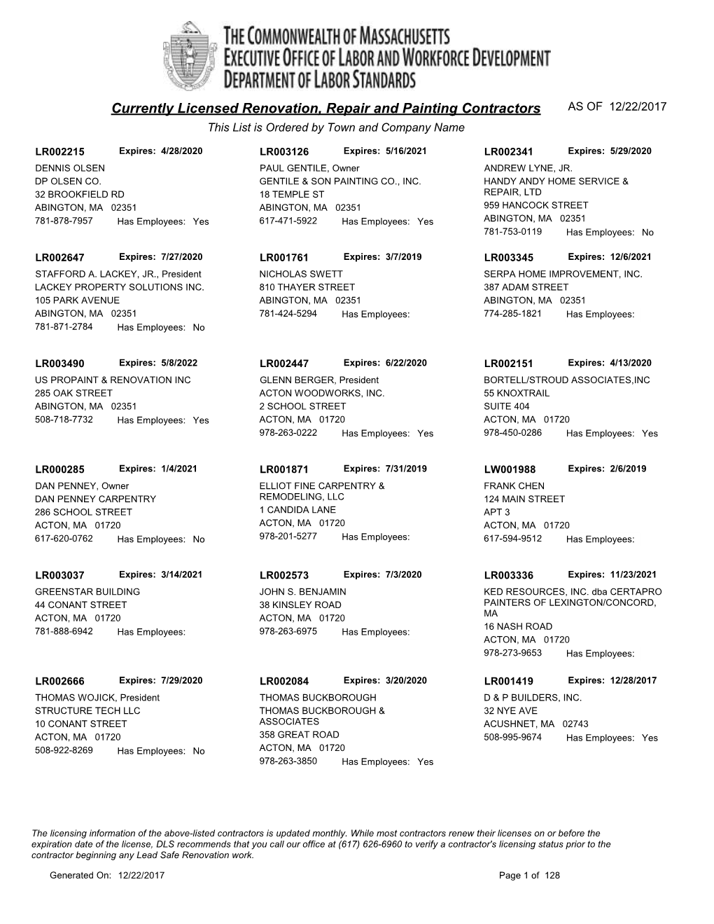 Currently Licensed Renovation, Repair and Painting Contractors AS of 12/22/2017 This List Is Ordered by Town and Company Name