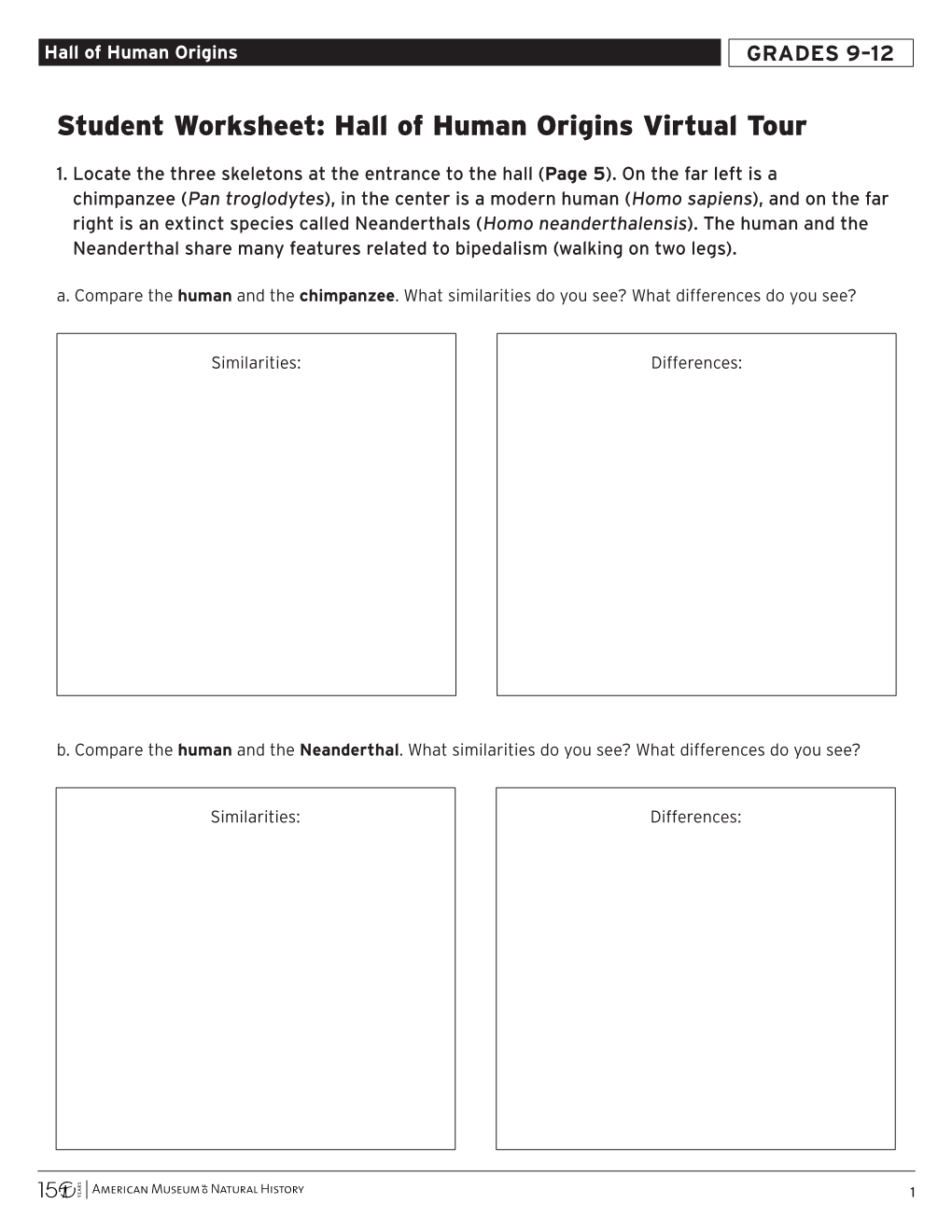 Student Worksheet: Hall of Human Origins Virtual Tour