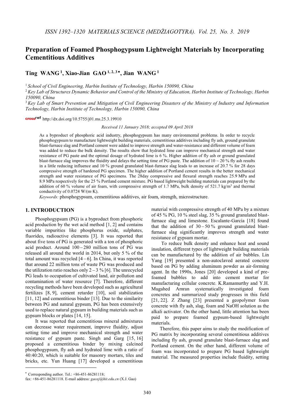 Preparation of Foamed Phosphogypsum Lightweight Materials by Incorporating Cementitious Additives