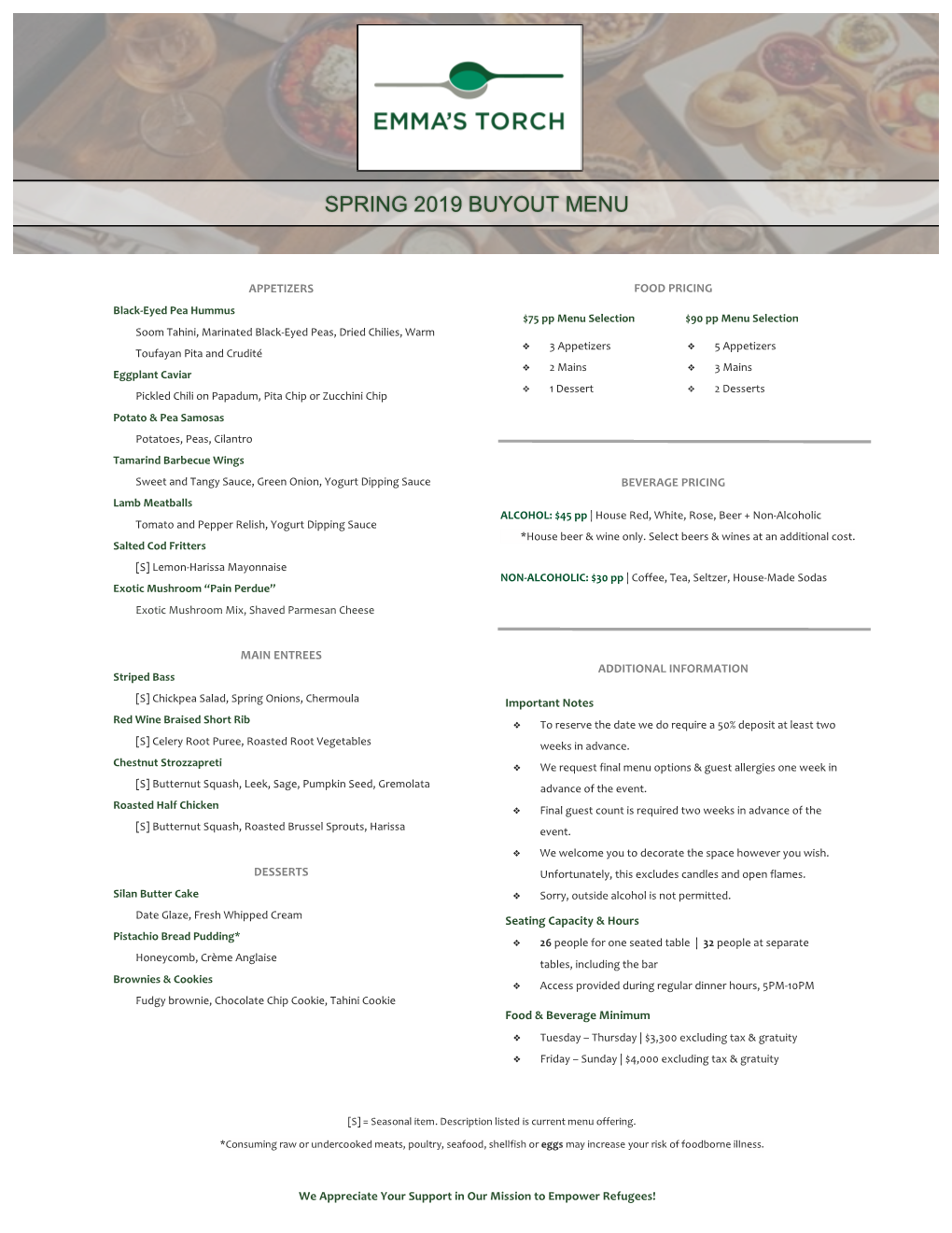 Spring 2019 Buyout Menu