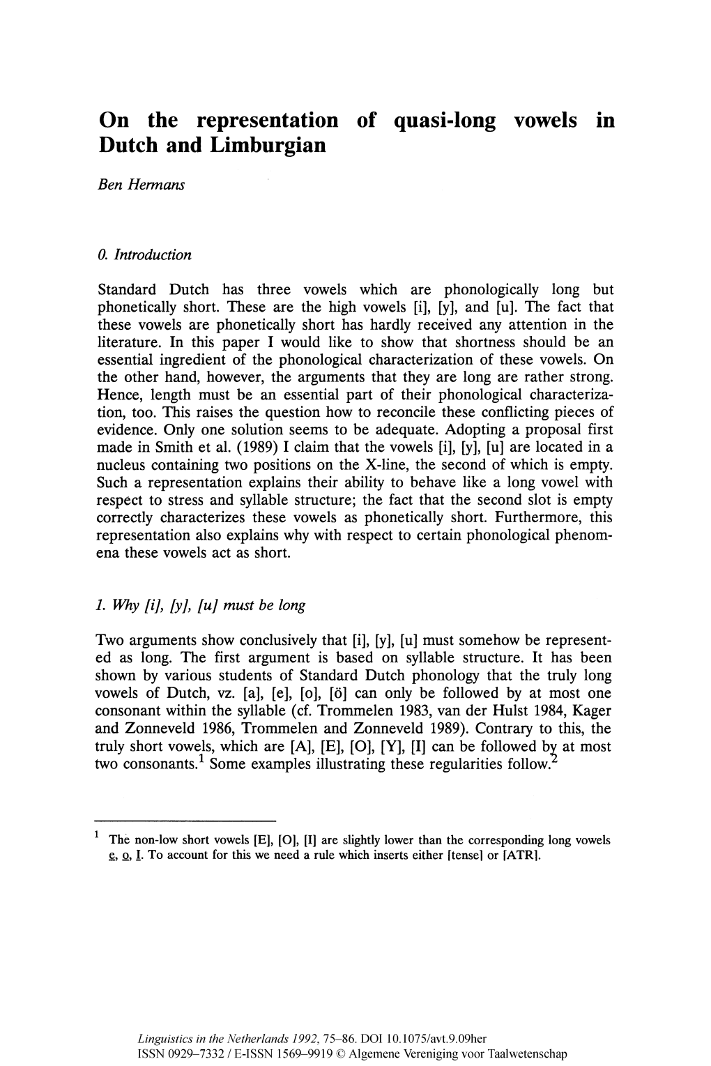 On the Representation of Quasi-Long Vowels in Dutch and Limburgian