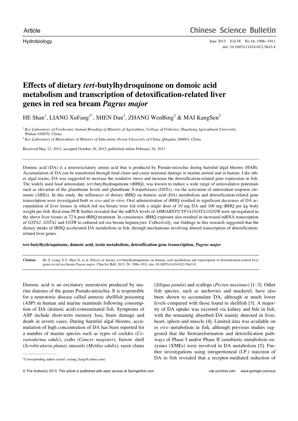 Effects of Dietary Tert-Butylhydroquinone on Domoic Acid Metabolism and Transcription of Detoxification-Related Liver Genes in Red Sea Bream Pagrus Major