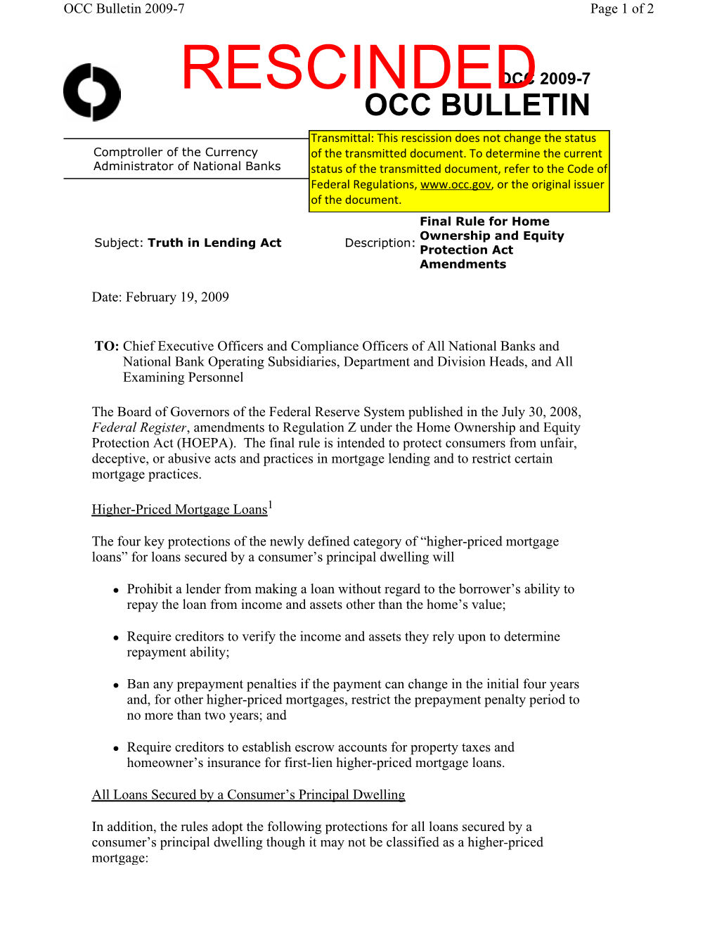 Rescindedocc Bulletin