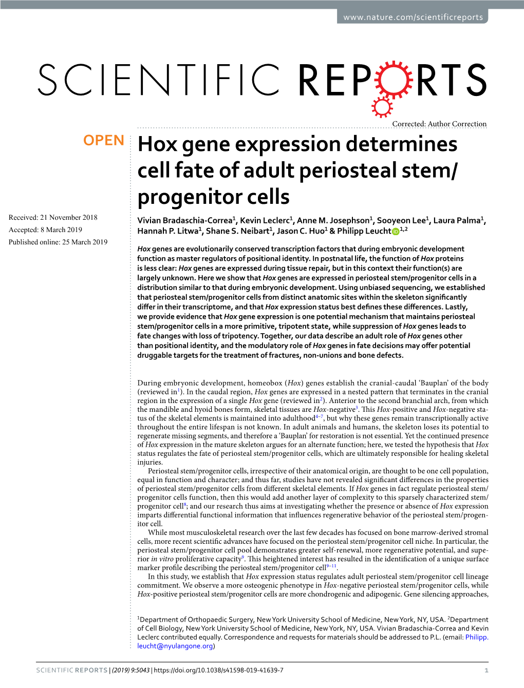 Hox Gene Expression Determines Cell Fate of Adult Periosteal Stem/ Progenitor Cells Received: 21 November 2018 Vivian Bradaschia-Correa1, Kevin Leclerc1, Anne M