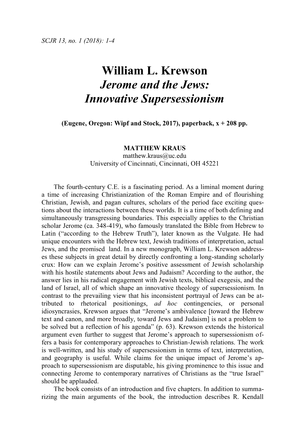 William L. Krewson Jerome and the Jews: Innovative Supersessionism