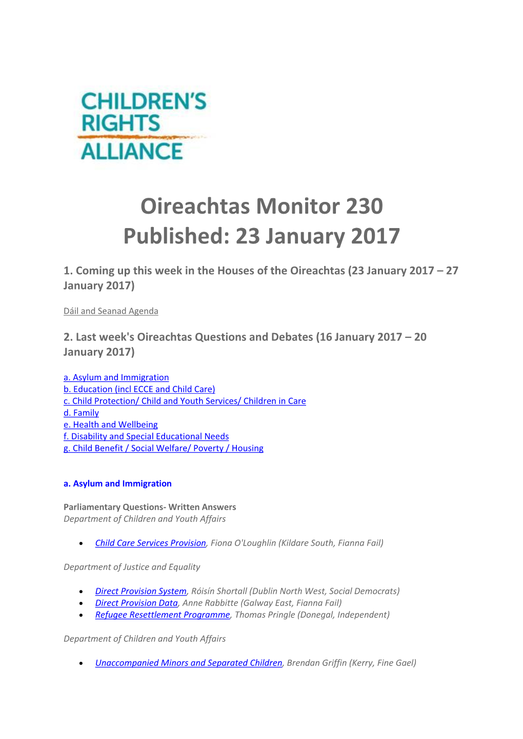 Oireachtas Monitor 230 Published: 23 January 2017
