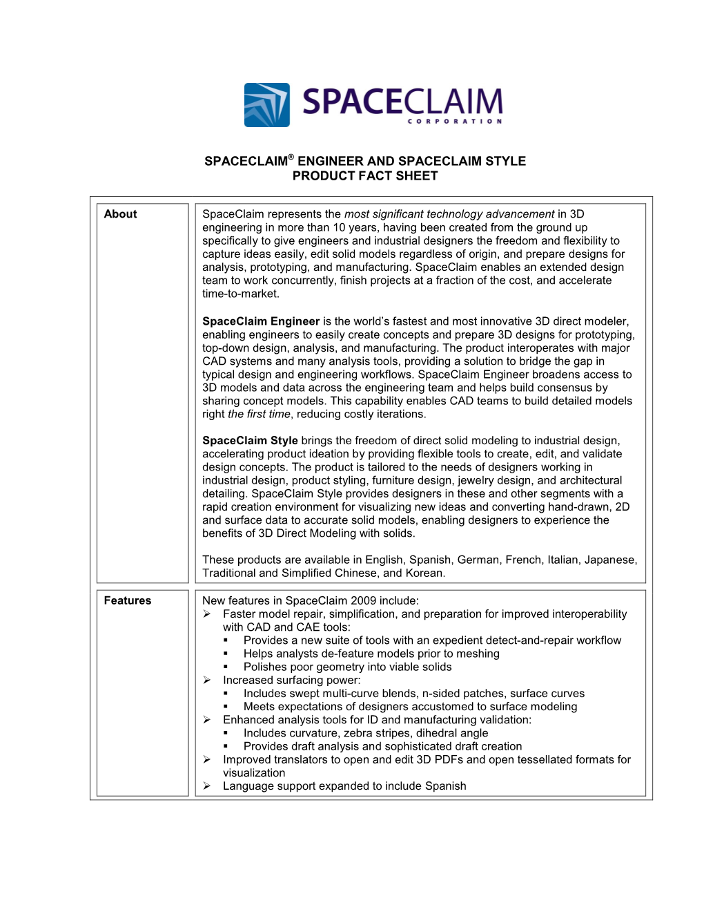 Spaceclaim® Engineer and Spaceclaim Style Product Fact Sheet