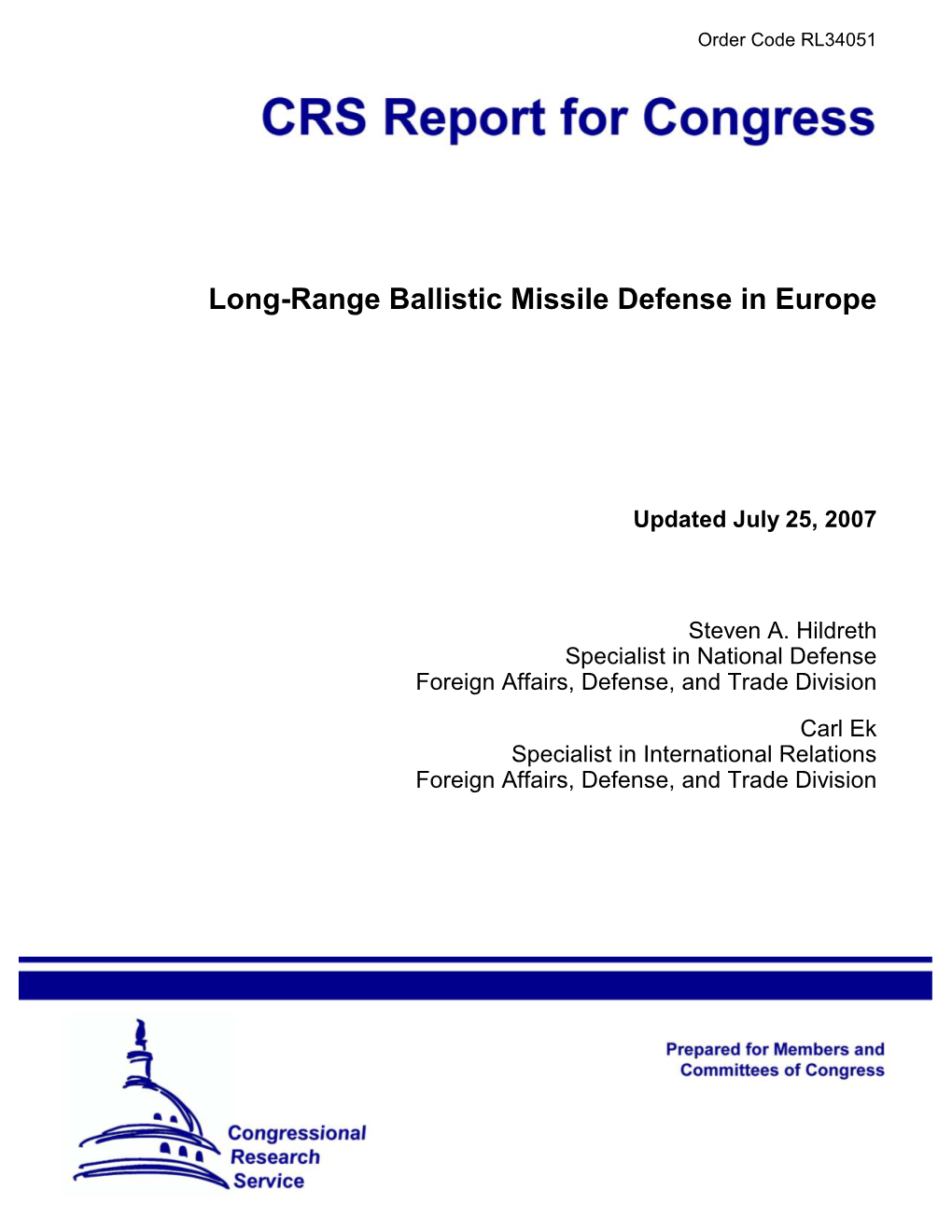 Long-Range Ballistic Missile Defense in Europe