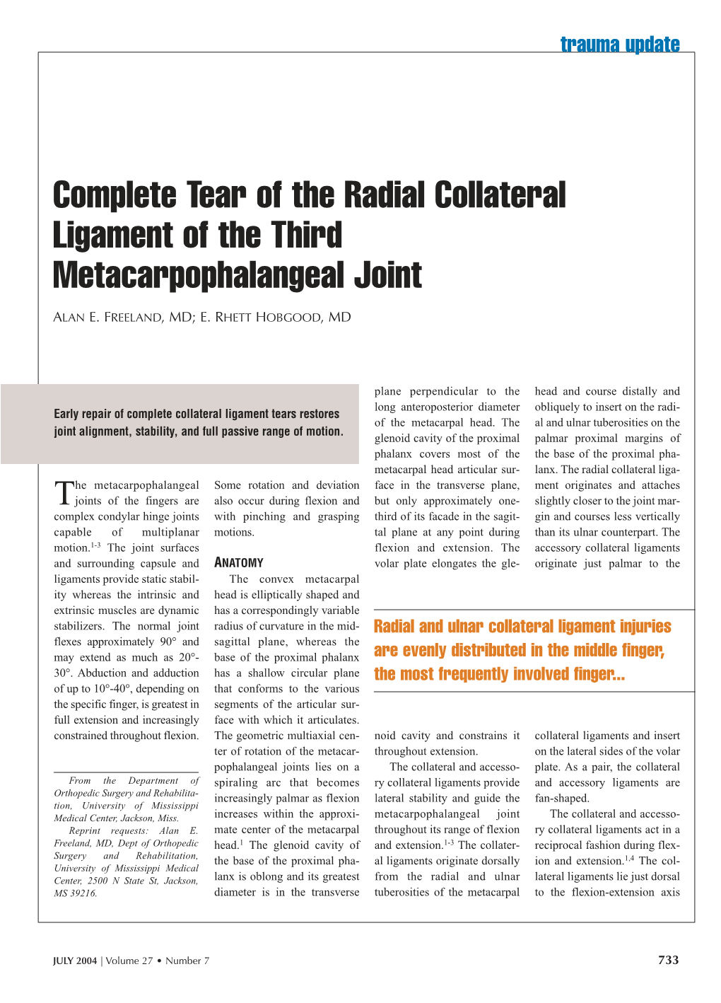Complete Tear of the Radial Collateral Ligament of the Third Metacarpophalangeal Joint
