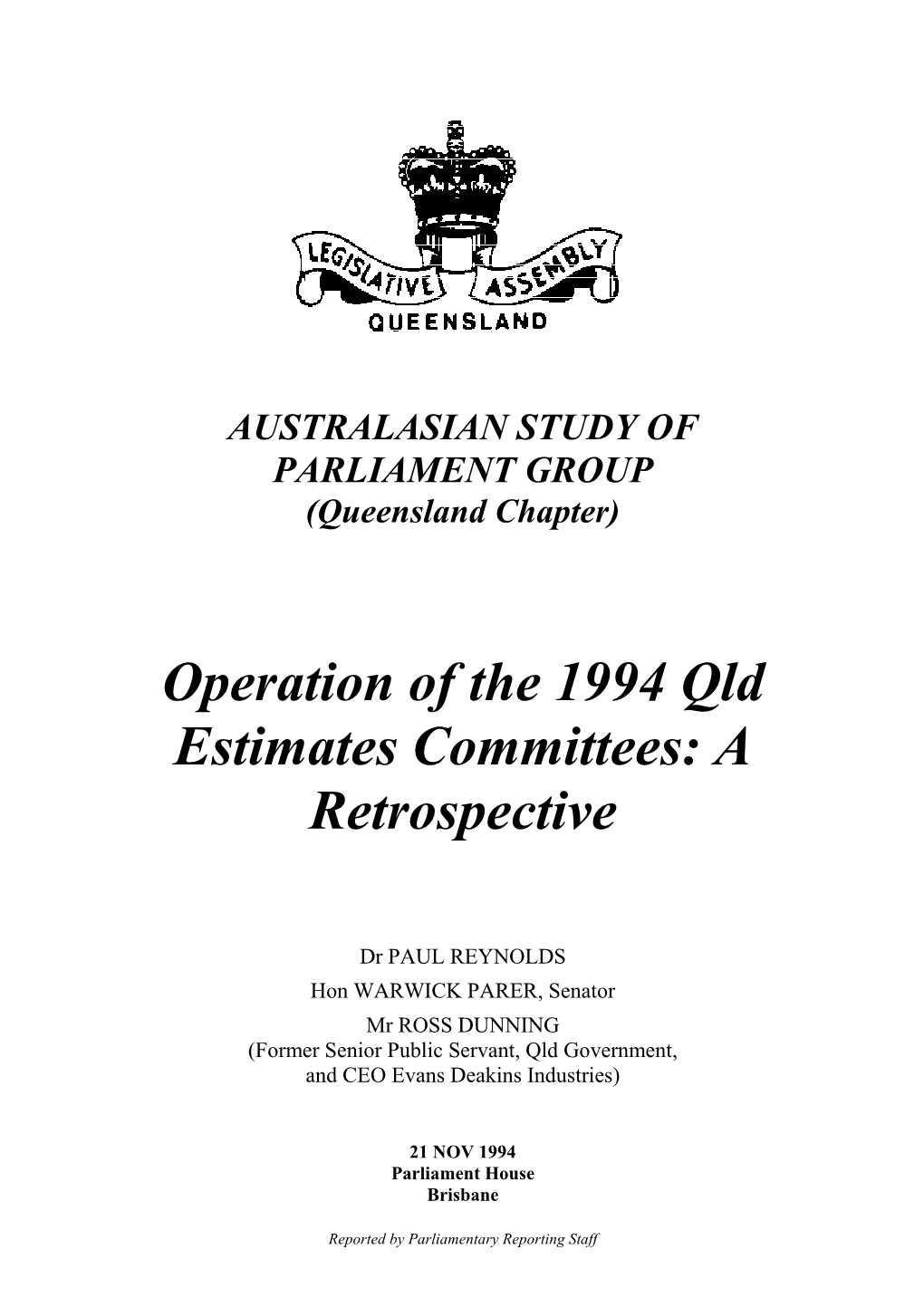 Operation of the 1994 Qld Estimates Committees: a Retrospective