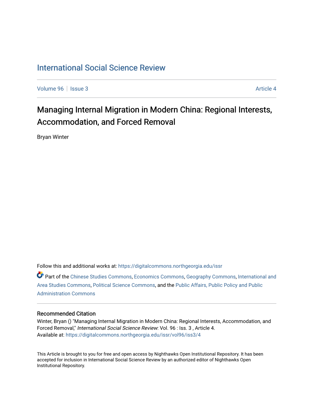 Managing Internal Migration in Modern China: Regional Interests, Accommodation, and Forced Removal