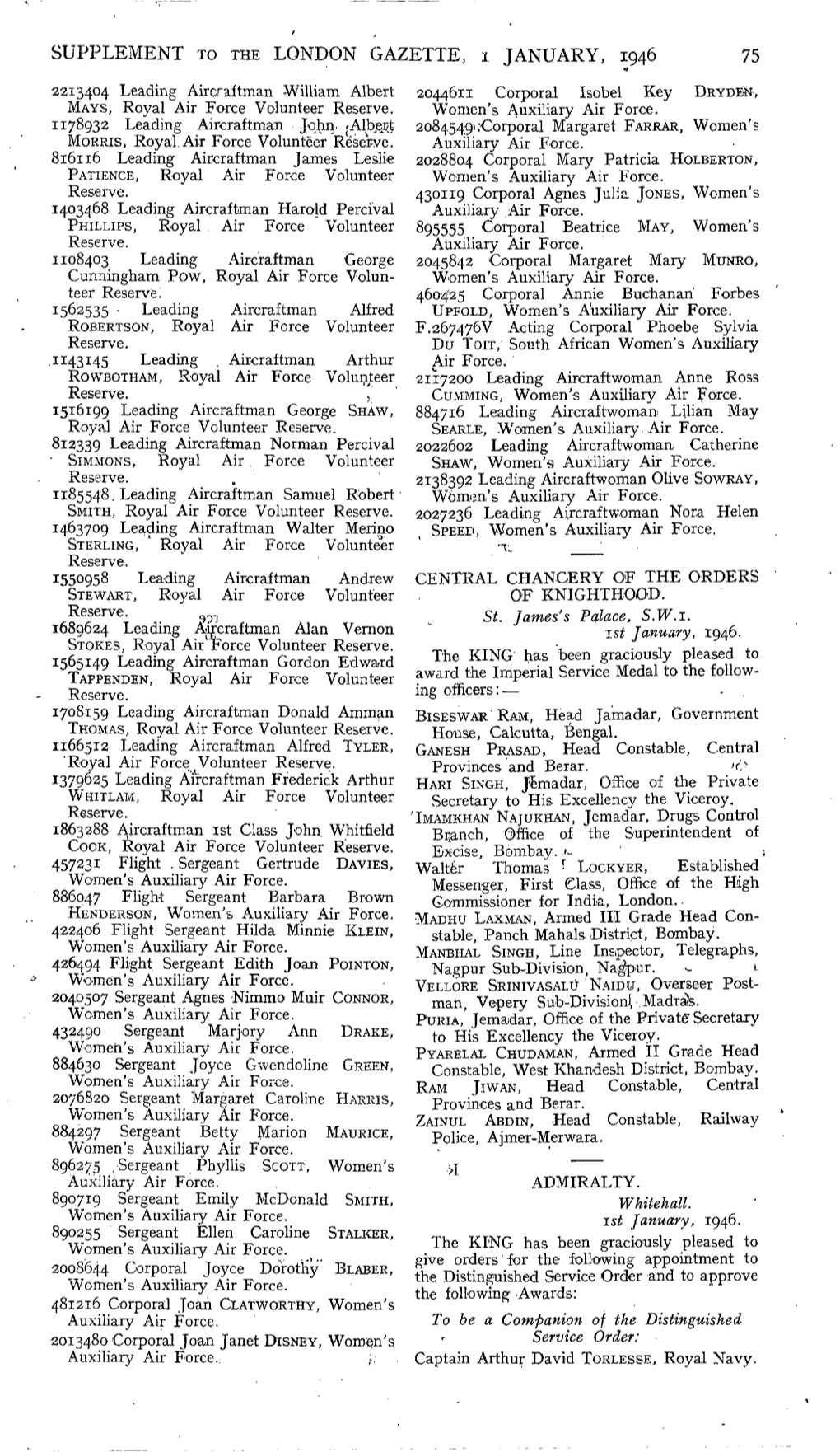 SUPPLEMENT to the LONDON GAZETTE, I JANUARY, 1946 75