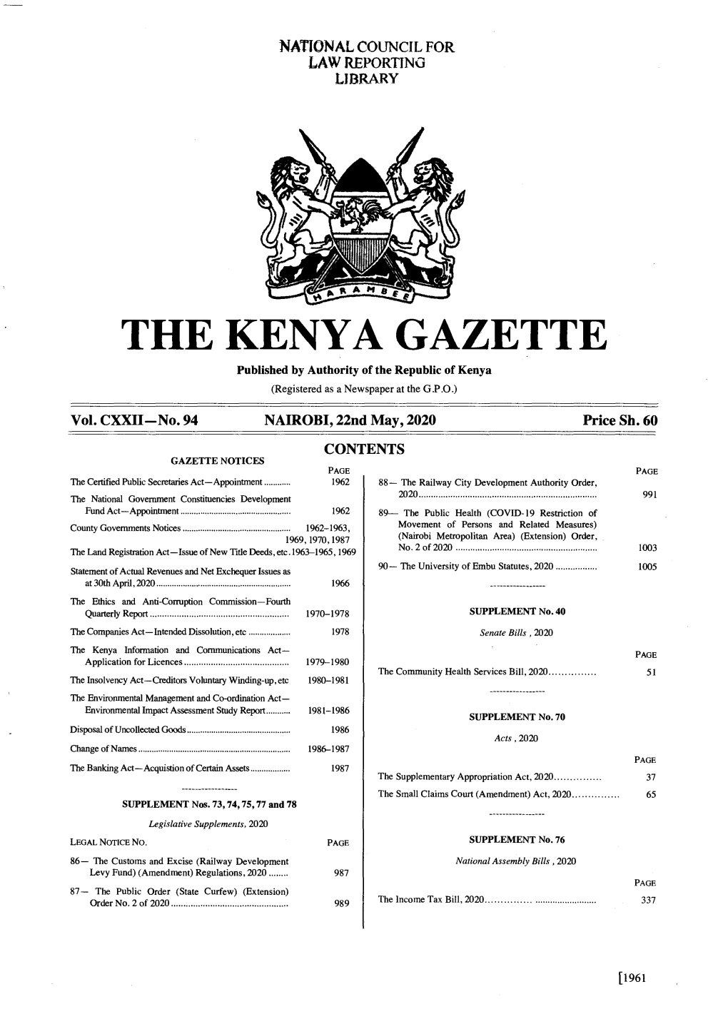 THE KENYA GAZETTE Published by Authority of the Republic of Kenya (Registered As a Newspaper at the G.P .0 .) � Vol