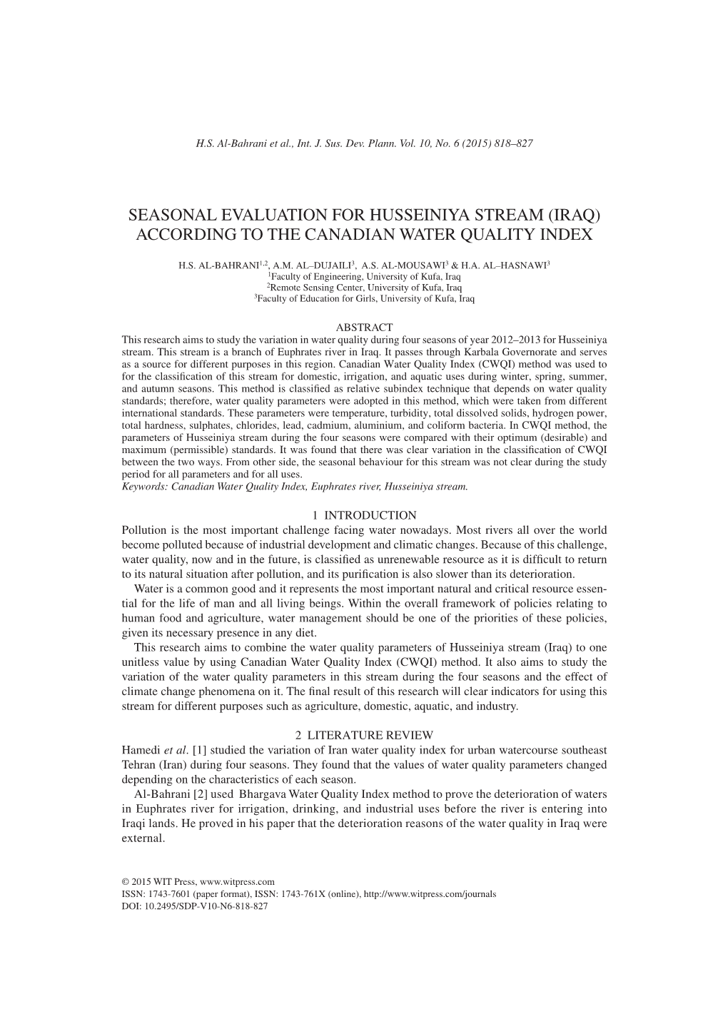 Seasonal Evaluation for Husseiniya Stream (Iraq) According to the Canadian Water Quality Index