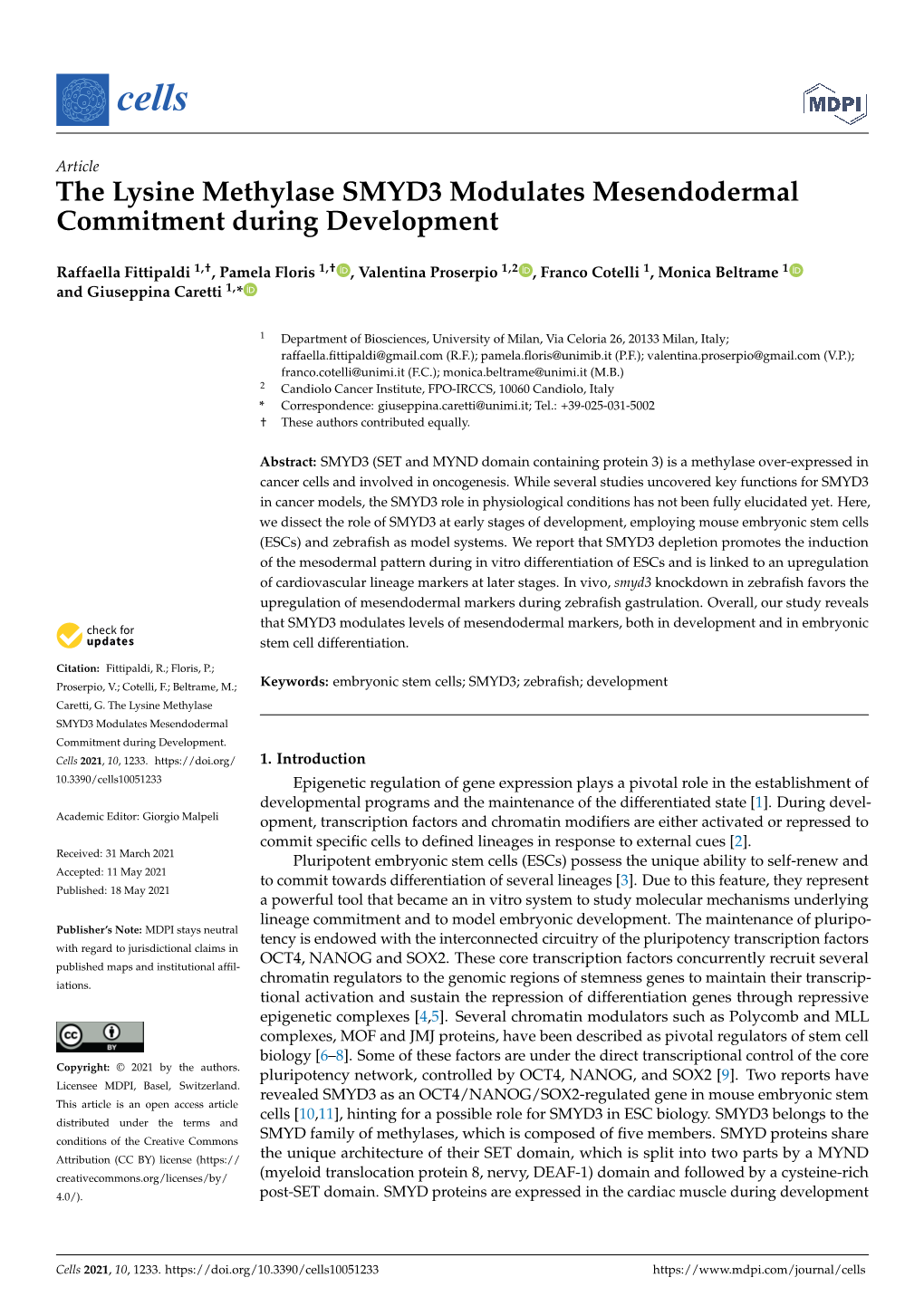 The Lysine Methylase SMYD3 Modulates Mesendodermal Commitment During Development