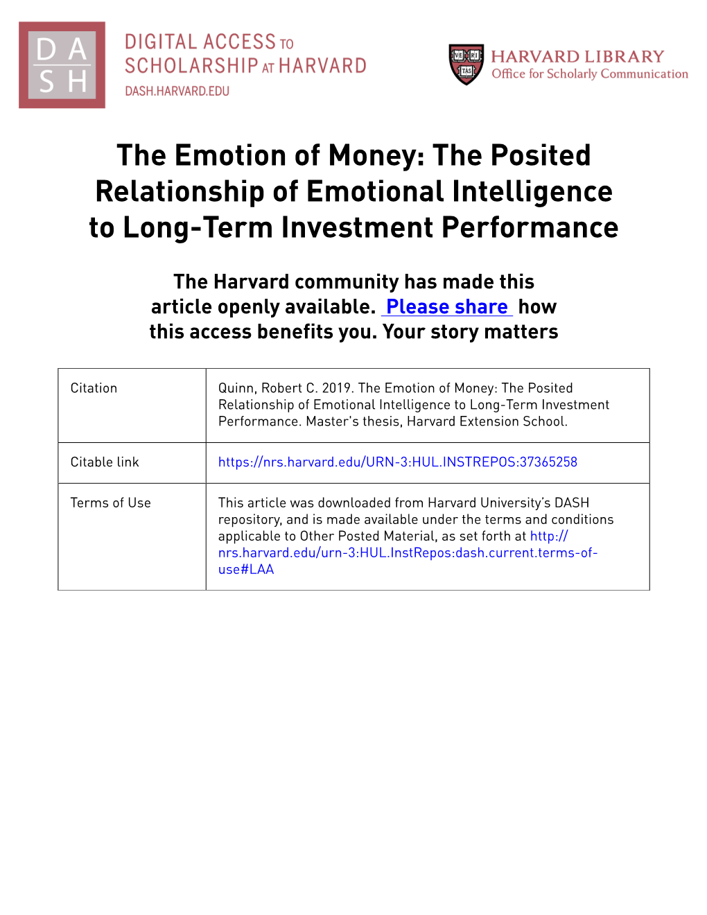 The Emotion of Money: the Posited Relationship of Emotional Intelligence to Long-Term Investment Performance