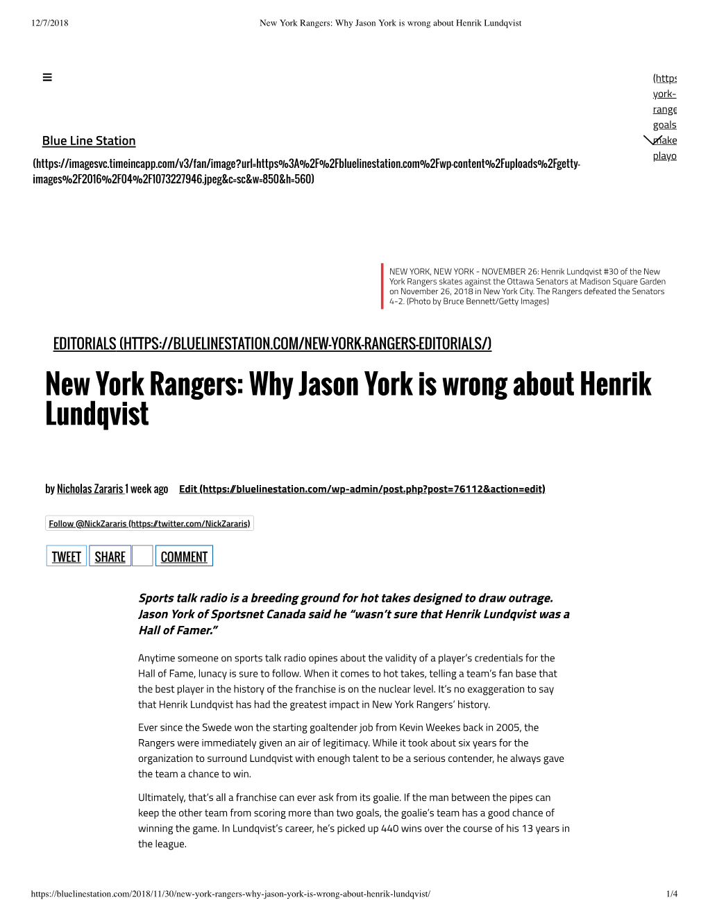 New York Rangers: Why Jason York Is Wrong About Henrik Lundqvist