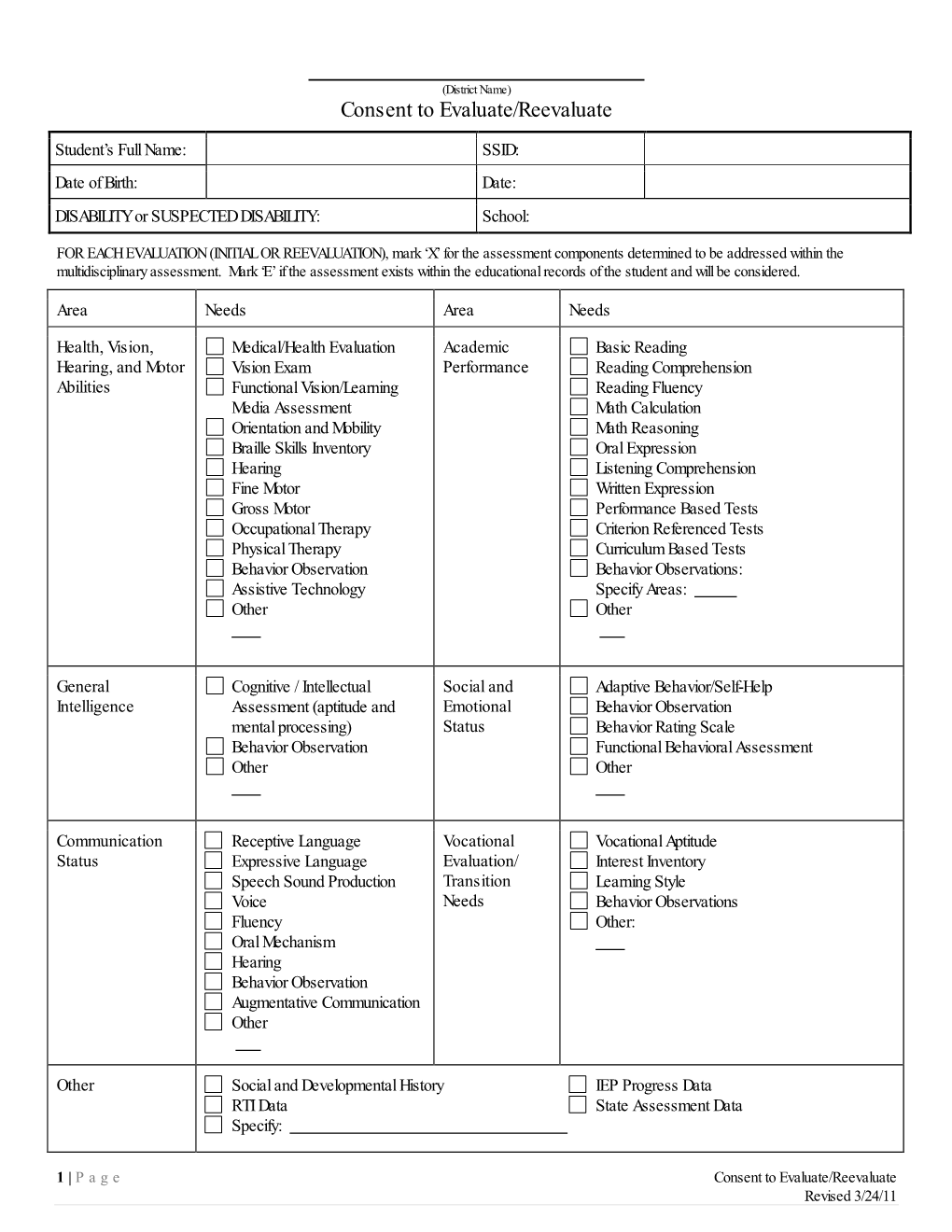 Consent to Evaluate/Reevaluate