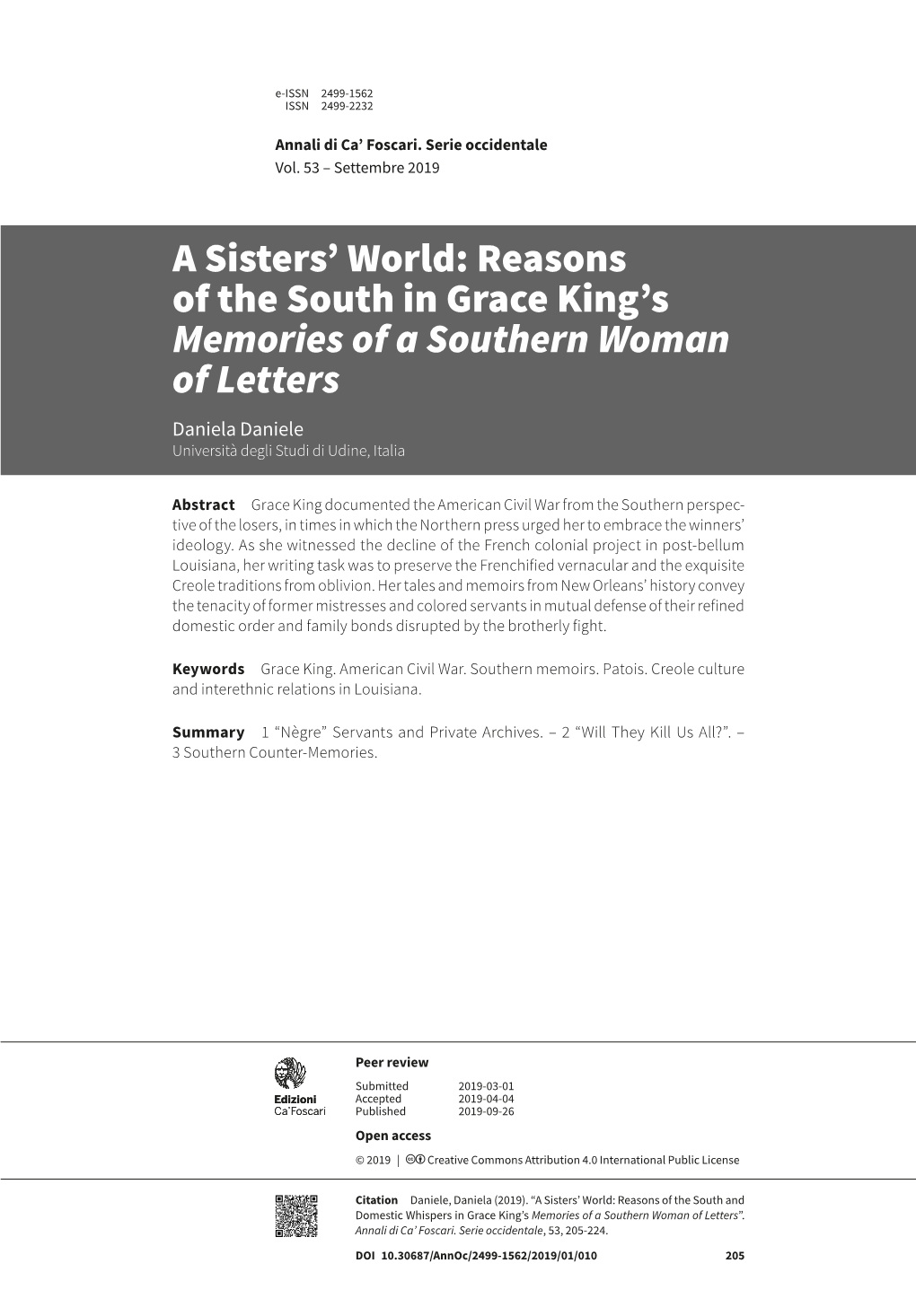 Reasons of the South in Grace King's Memories of a Southern Woman Of