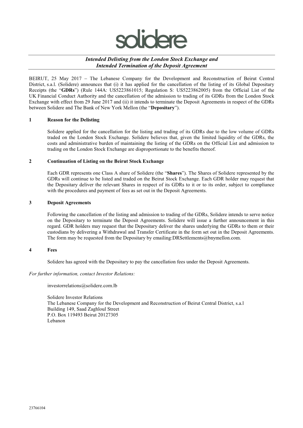 Intended Delisting from the London Stock Exchange and Intended Termination of the Deposit Agreement