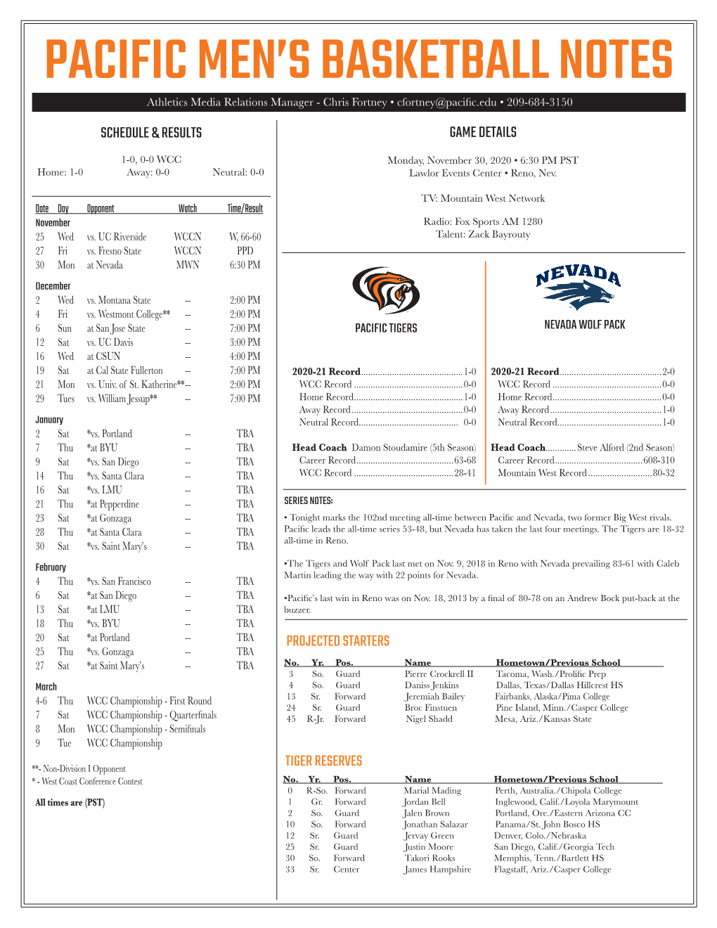 Pacific Men's Basketball Notes