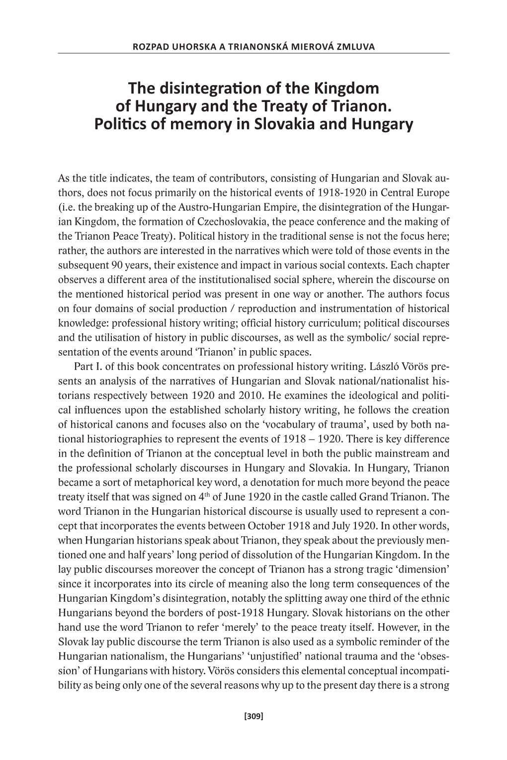 The Disintegraon of the Kingdom of Hungary and the Treaty of Trianon