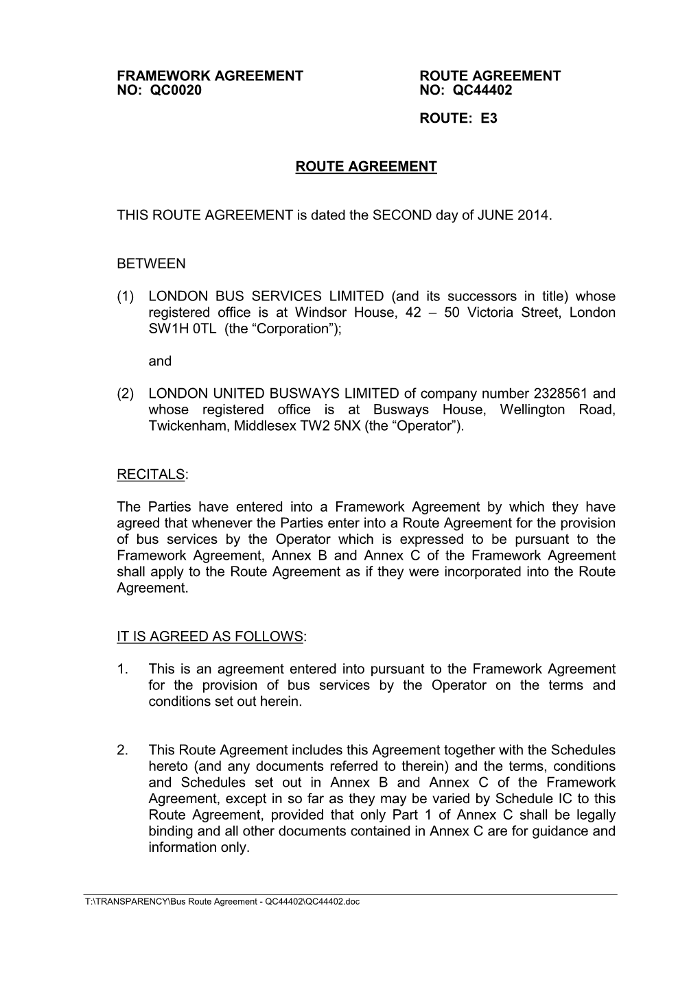 Qc0020 Route Agreement No