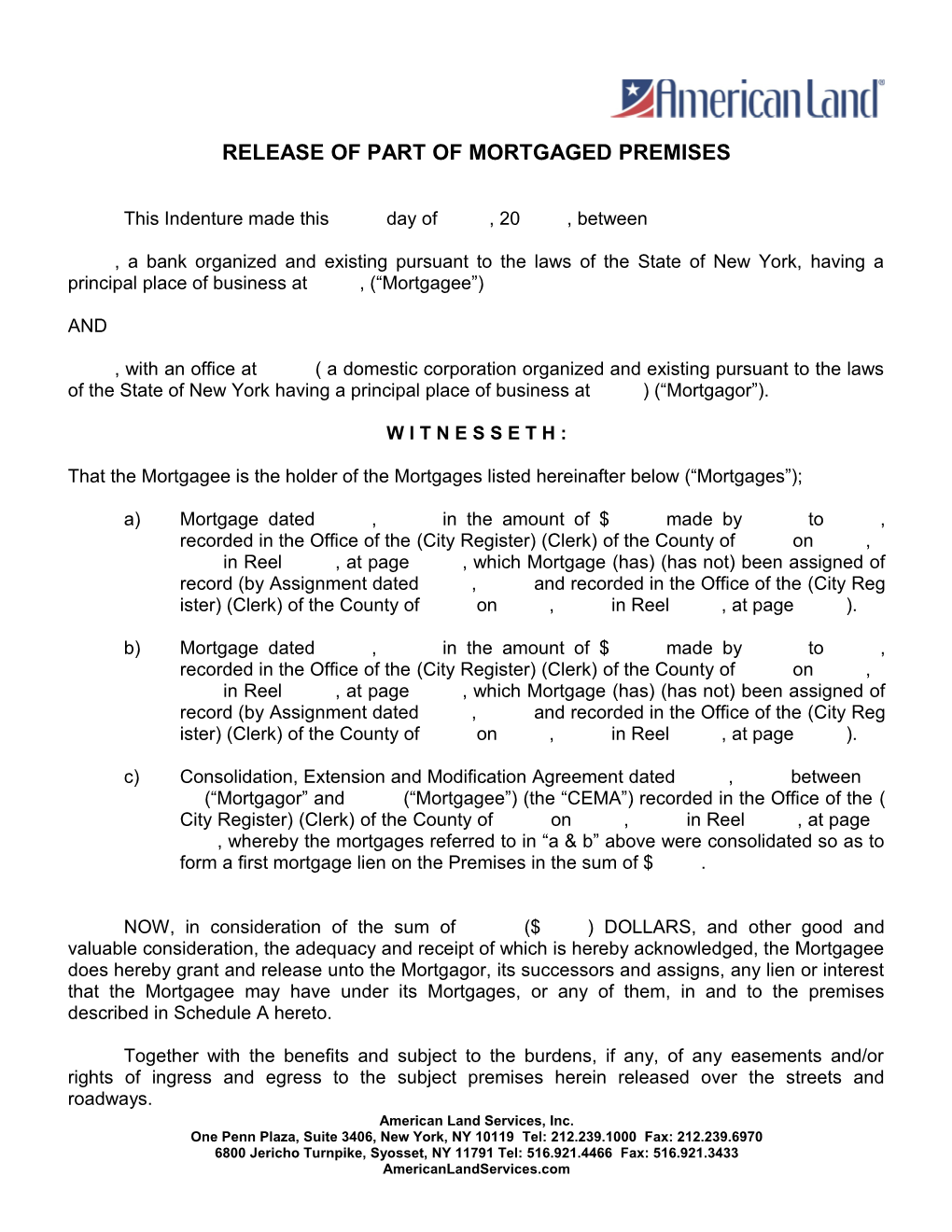 Release of Part of Mortgaged Premises