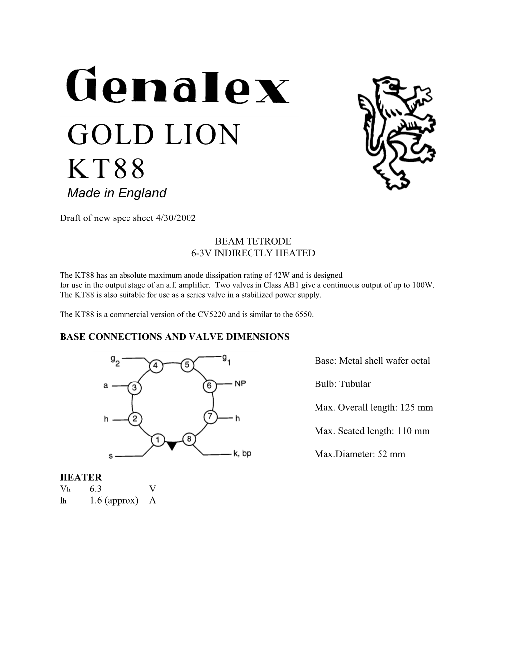 GOLD LION KT88 Made in England