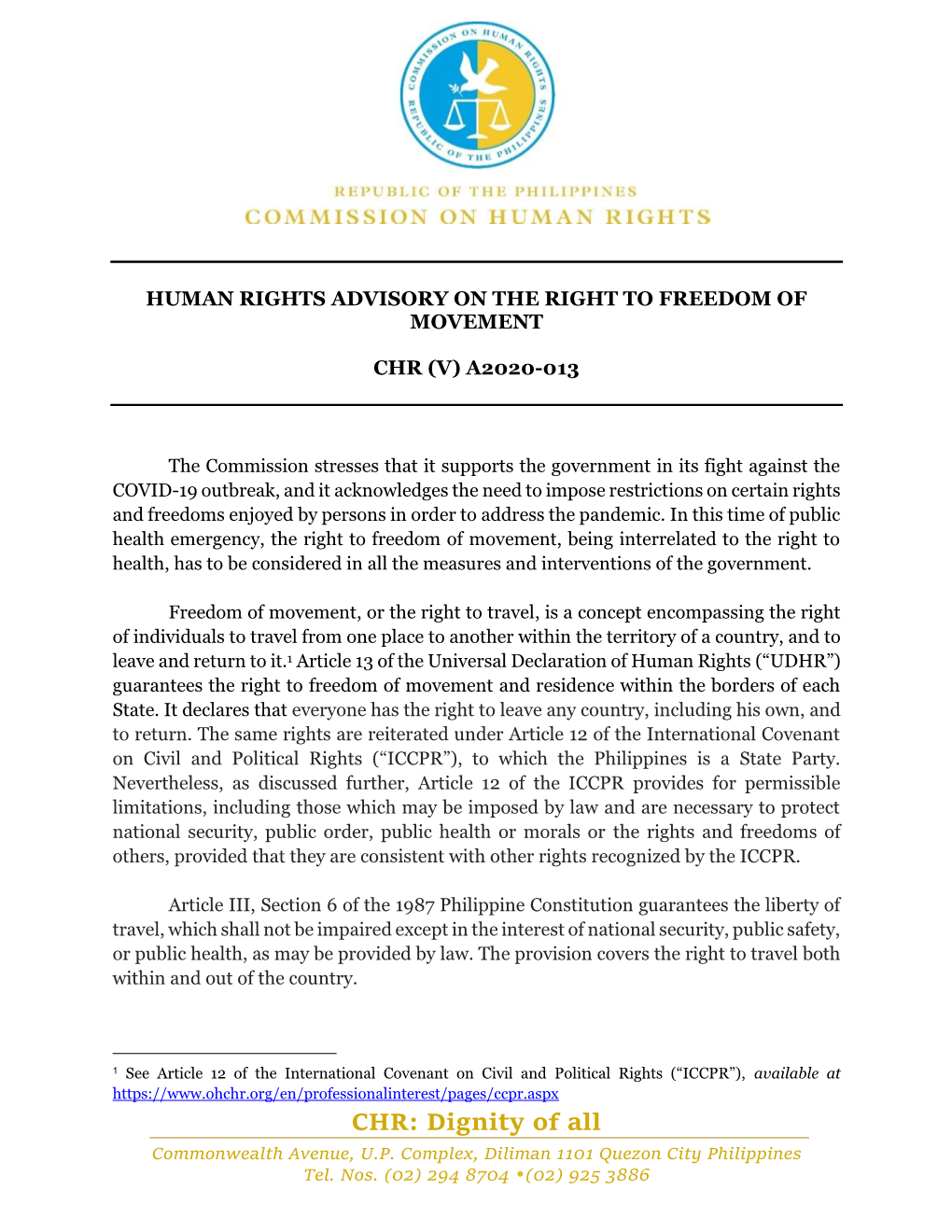 Right to Freedom of Movement (CHR V A2020-013)