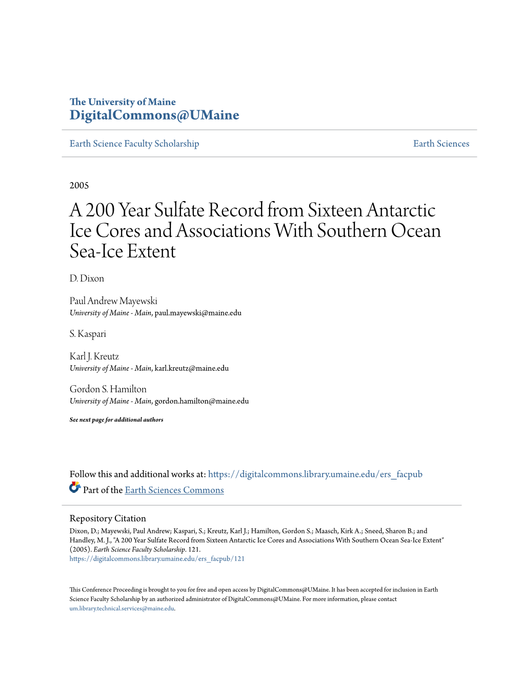 A 200 Year Sulfate Record from Sixteen Antarctic Ice Cores and Associations with Southern Ocean Sea-Ice Extent D