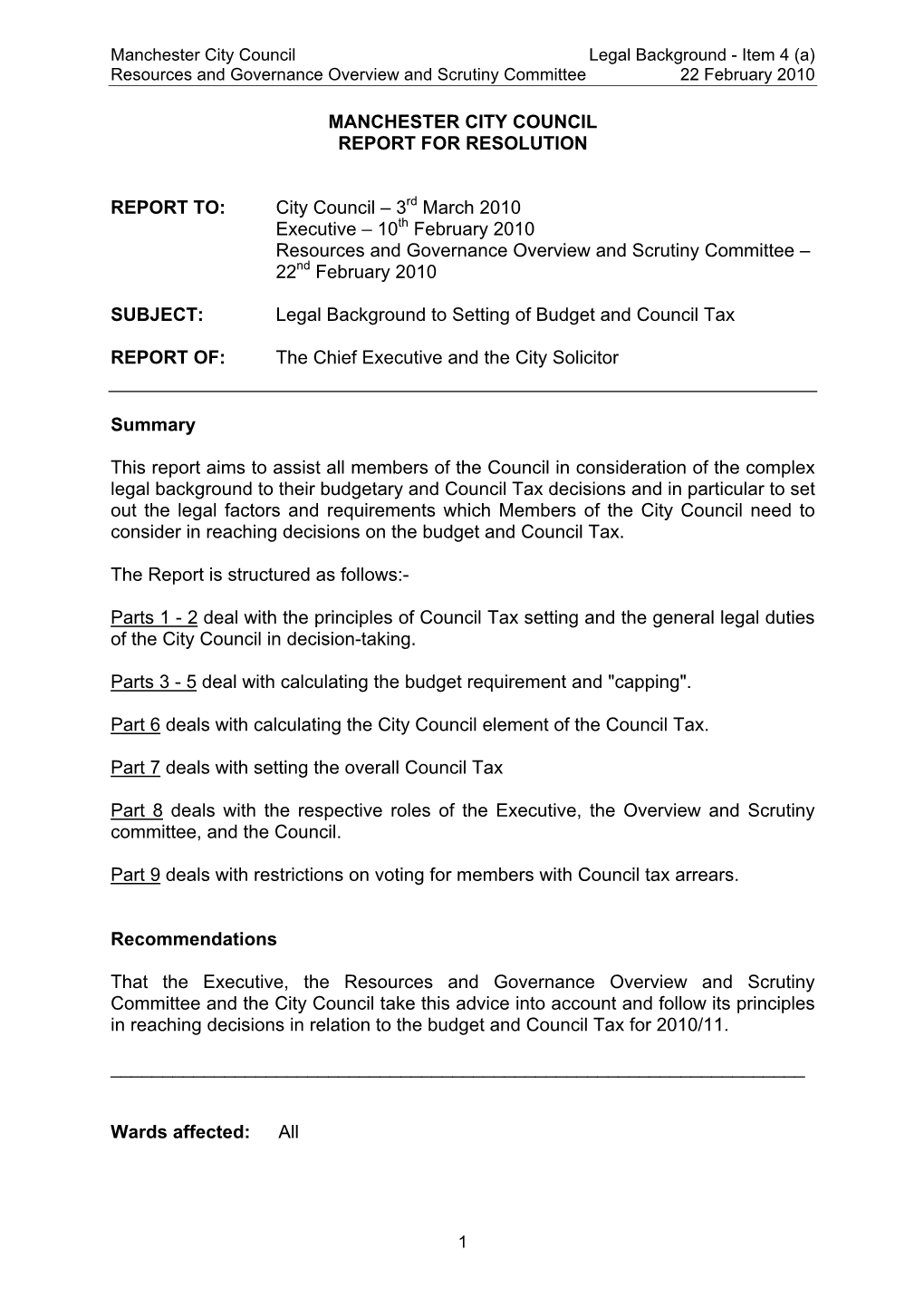 Budget Report to Resources and Governance Overview and Scrutiny Committee on 22 February 2010