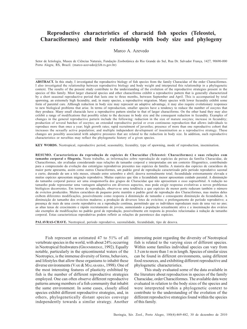 Reproductive Characteristics of Characid Fish Species (Teleostei