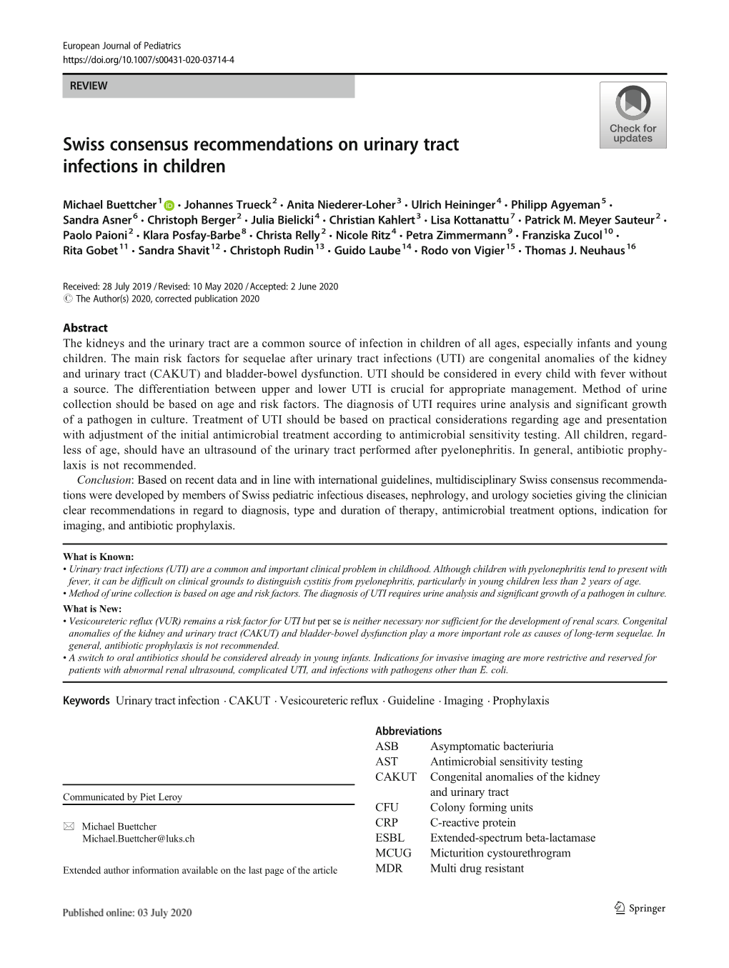 Swiss Consensus Recommendations on Urinary Tract Infections in Children