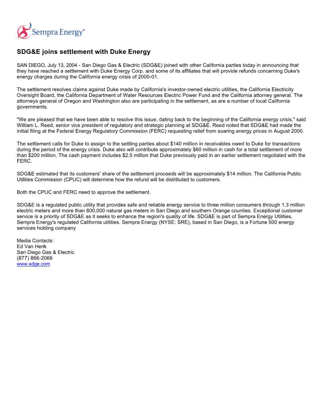 SDG&E Joins Settlement with Duke Energy