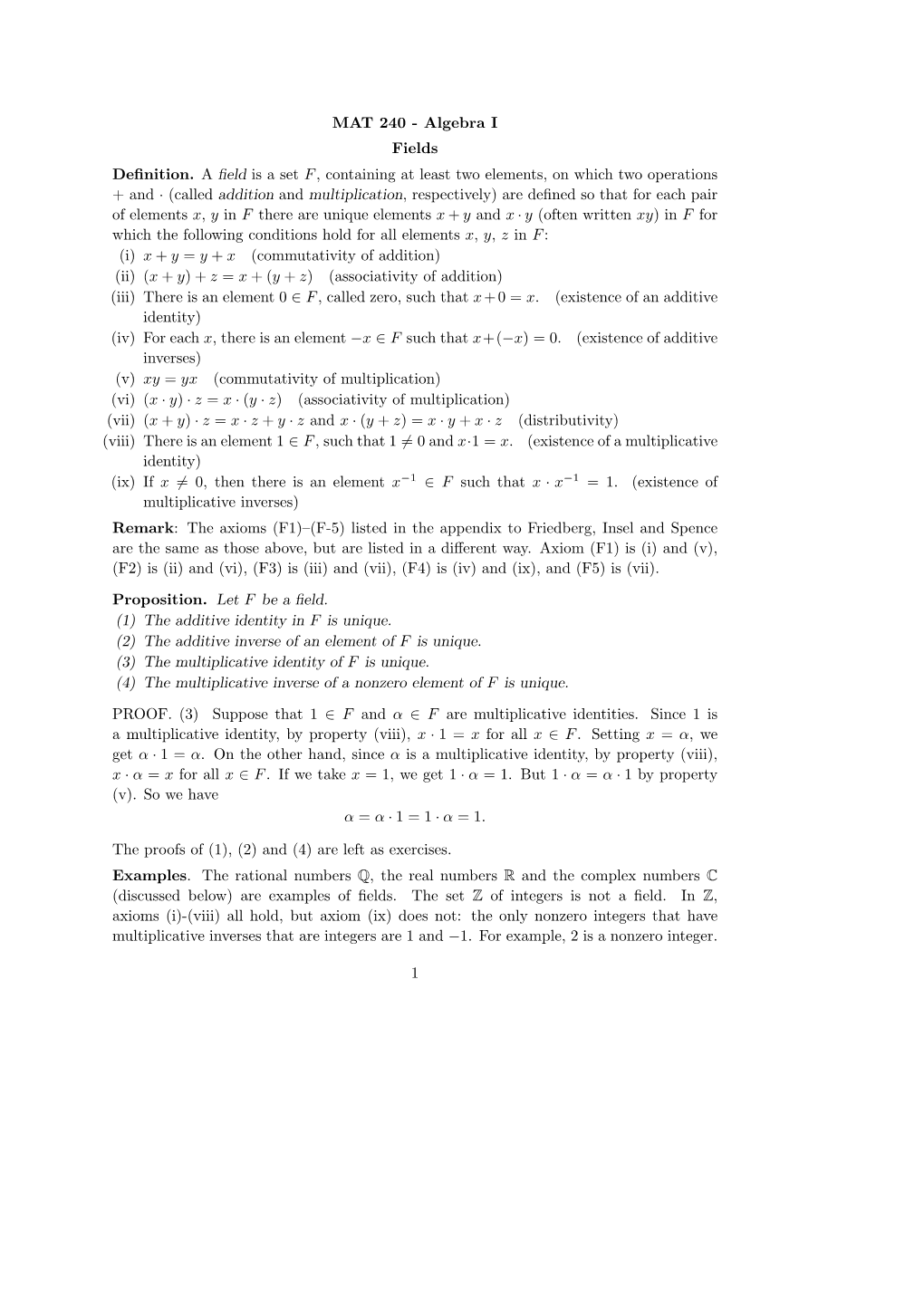 MAT 240 - Algebra I Fields Deﬁnition