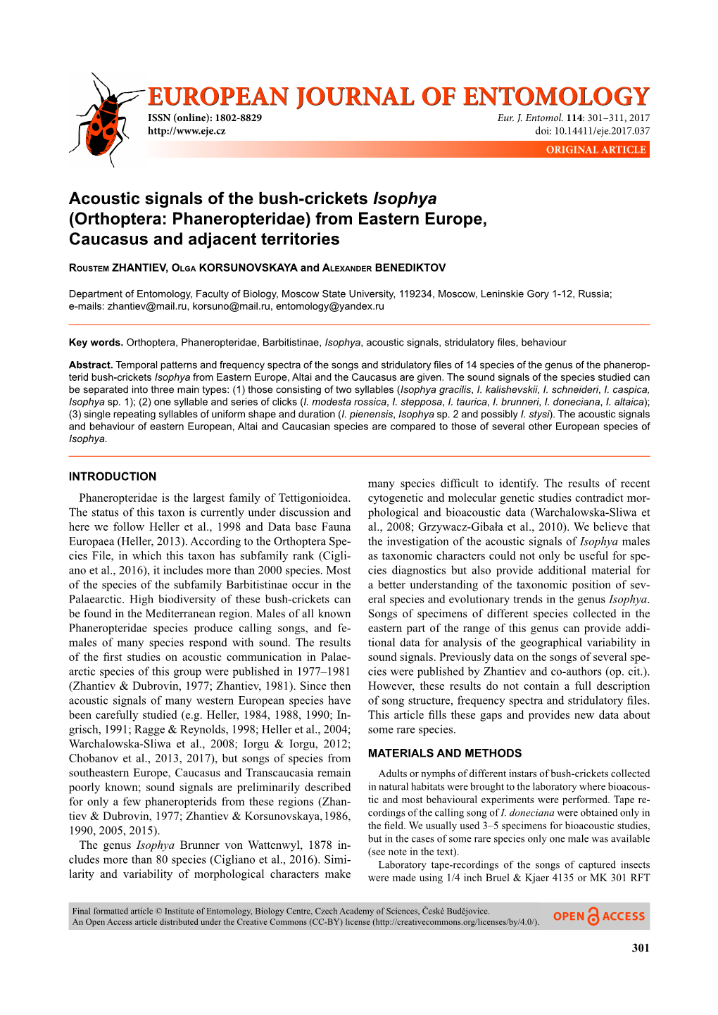 Acoustic Signals of the Bush-Crickets Isophya (Orthoptera: Phaneropteridae) from Eastern Europe, Caucasus and Adjacent Territories