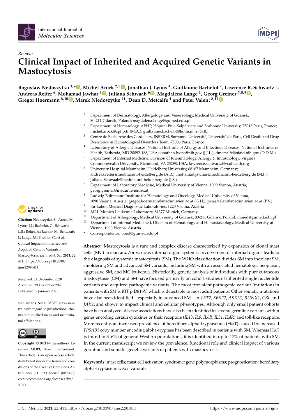 Clinical Impact of Inherited and Acquired Genetic Variants in Mastocytosis