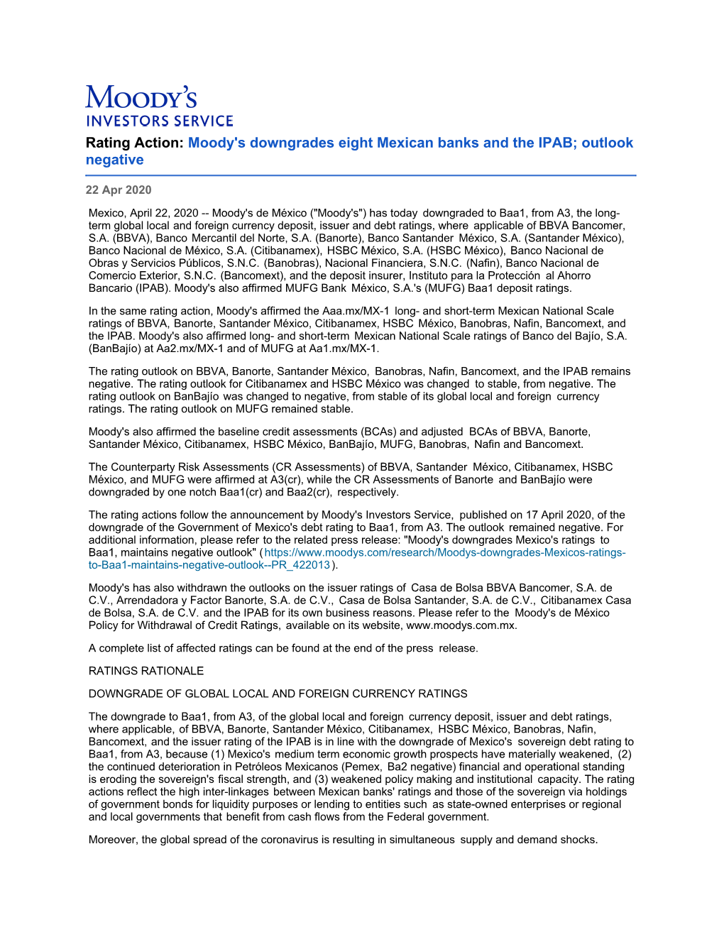 Rating Action: Moody's Downgrades Eight Mexican Banks and the IPAB; Outlook Negative